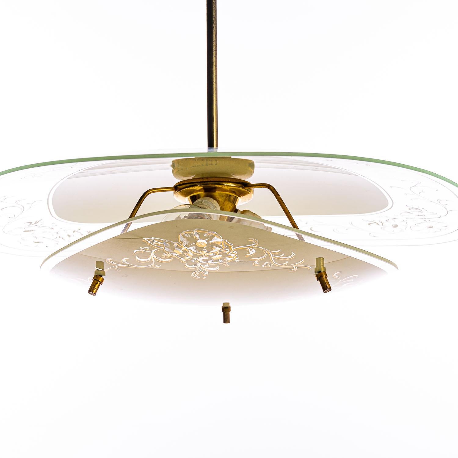 Italian 1950's Glass and Brass Pendant in Style of Fontana Arte For Sale
