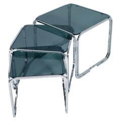 1950s Glass and Chromed Tubular Steel Nest Coffee Tables, Marcel Breuer Style