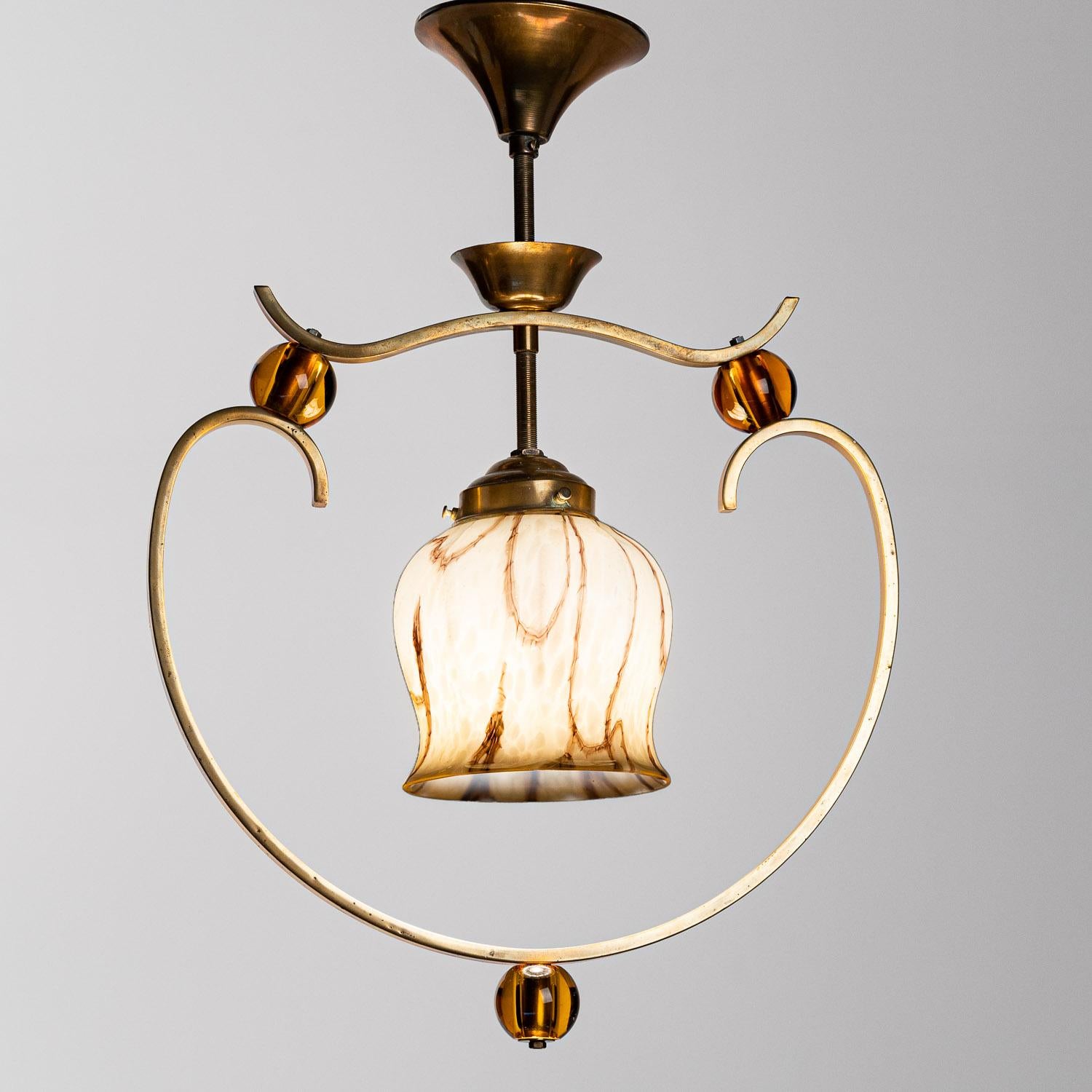 1950s Glass, Brass and Acrylic Art Deco Pendant Attributed to Jacques Arnet For Sale 5