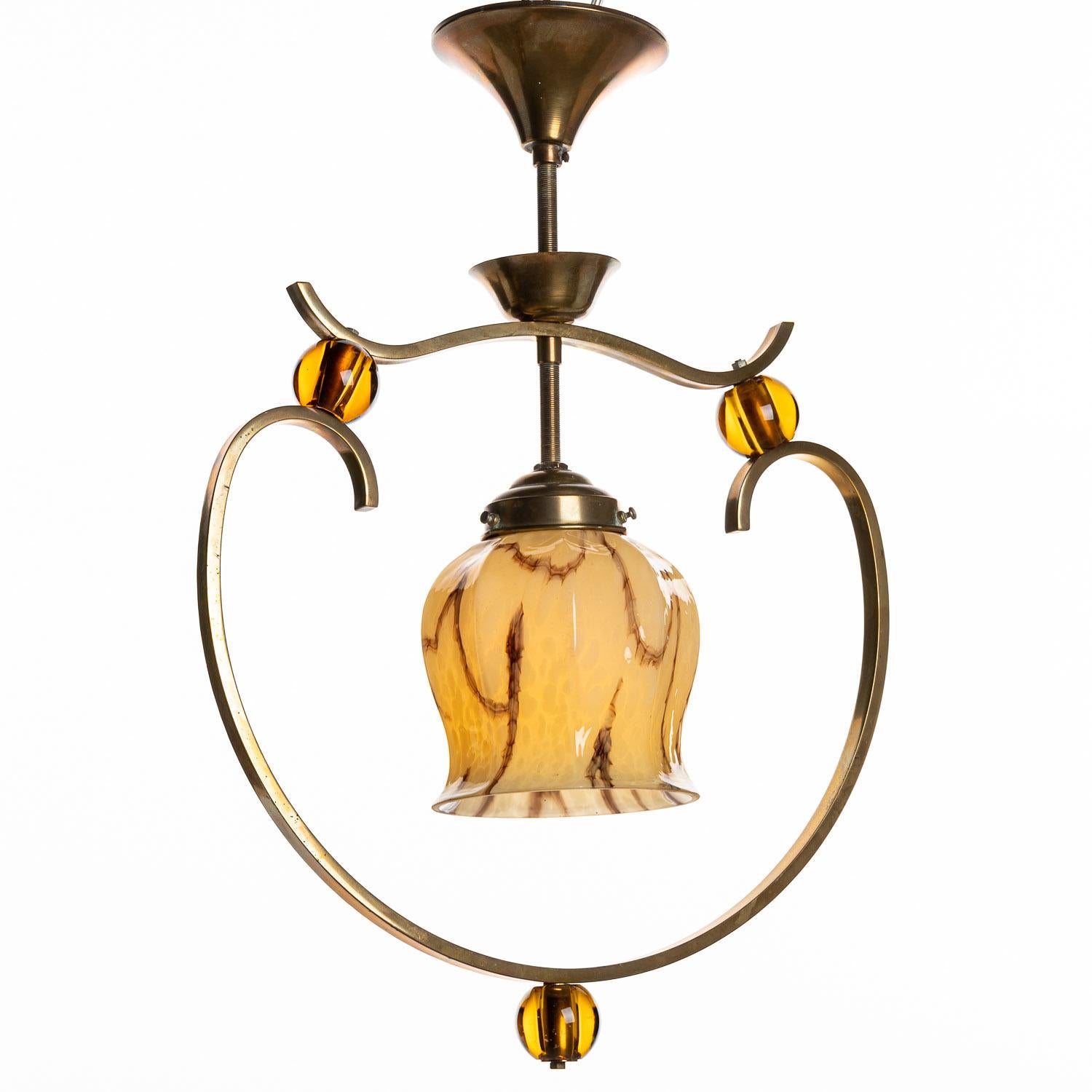 1950s Glass, Brass and Acrylic Art Deco Pendant Attributed to Jacques Arnet For Sale 6