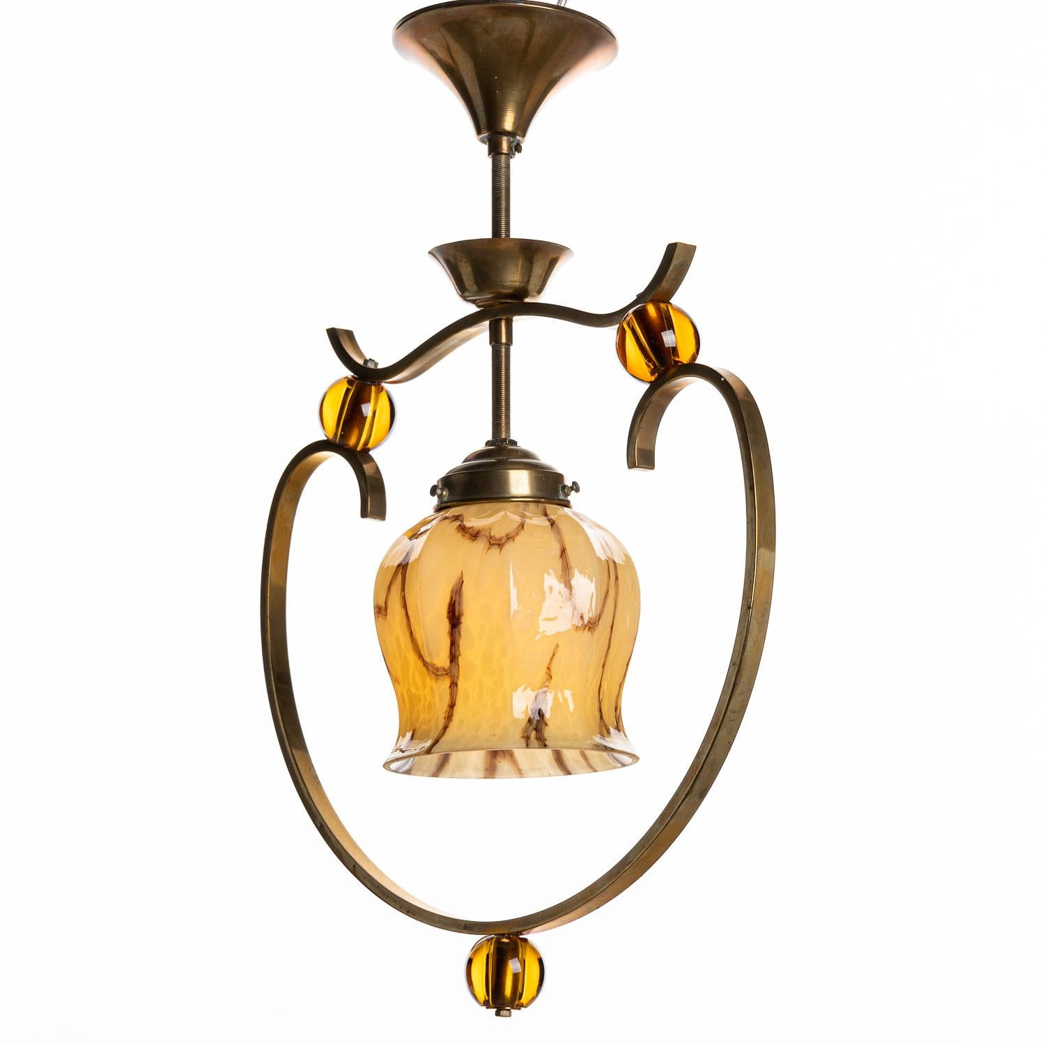 French 1950s Glass, Brass and Acrylic Art Deco Pendant Attributed to Jacques Arnet For Sale