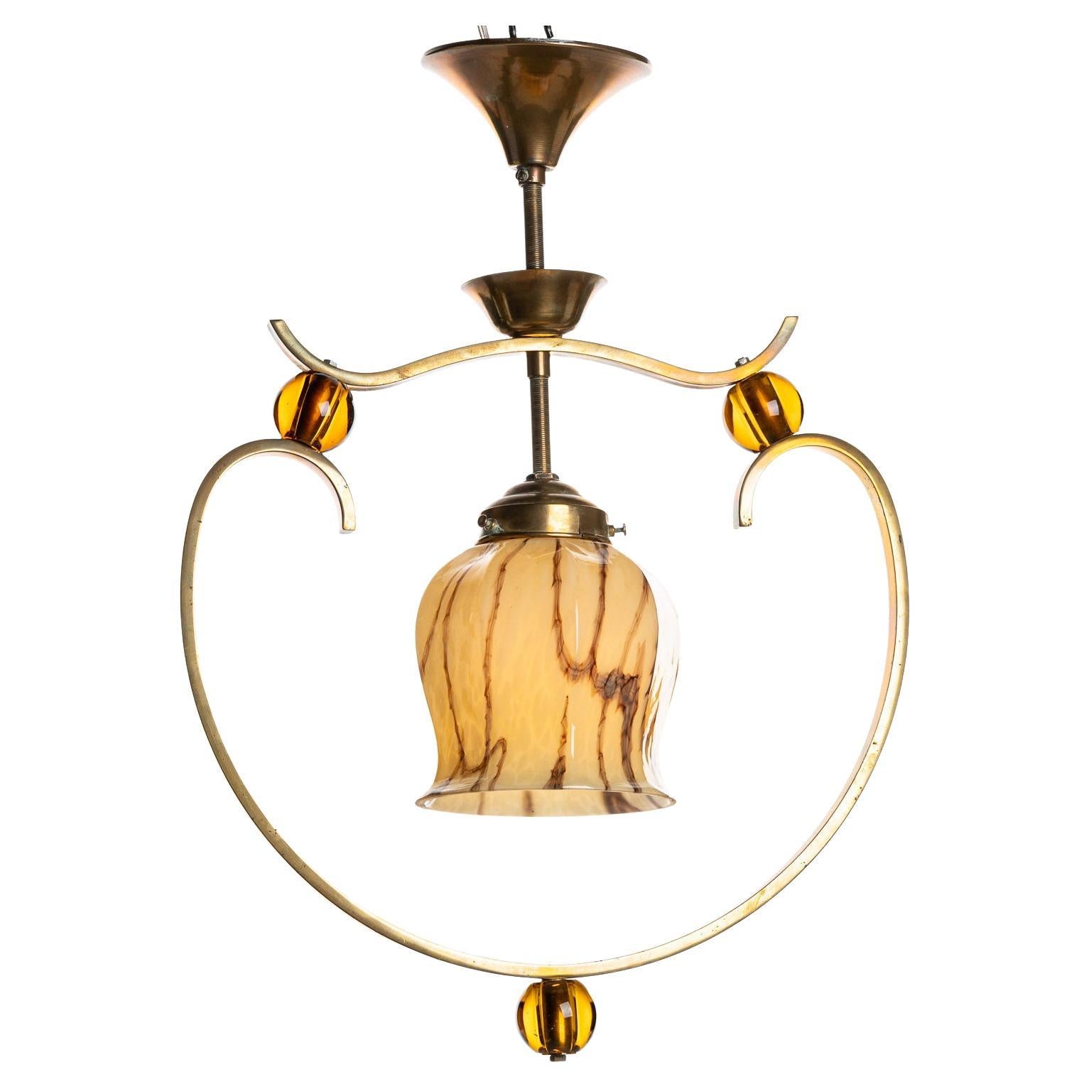 1950s Glass, Brass and Acrylic Art Deco Pendant Attributed to Jacques Arnet For Sale