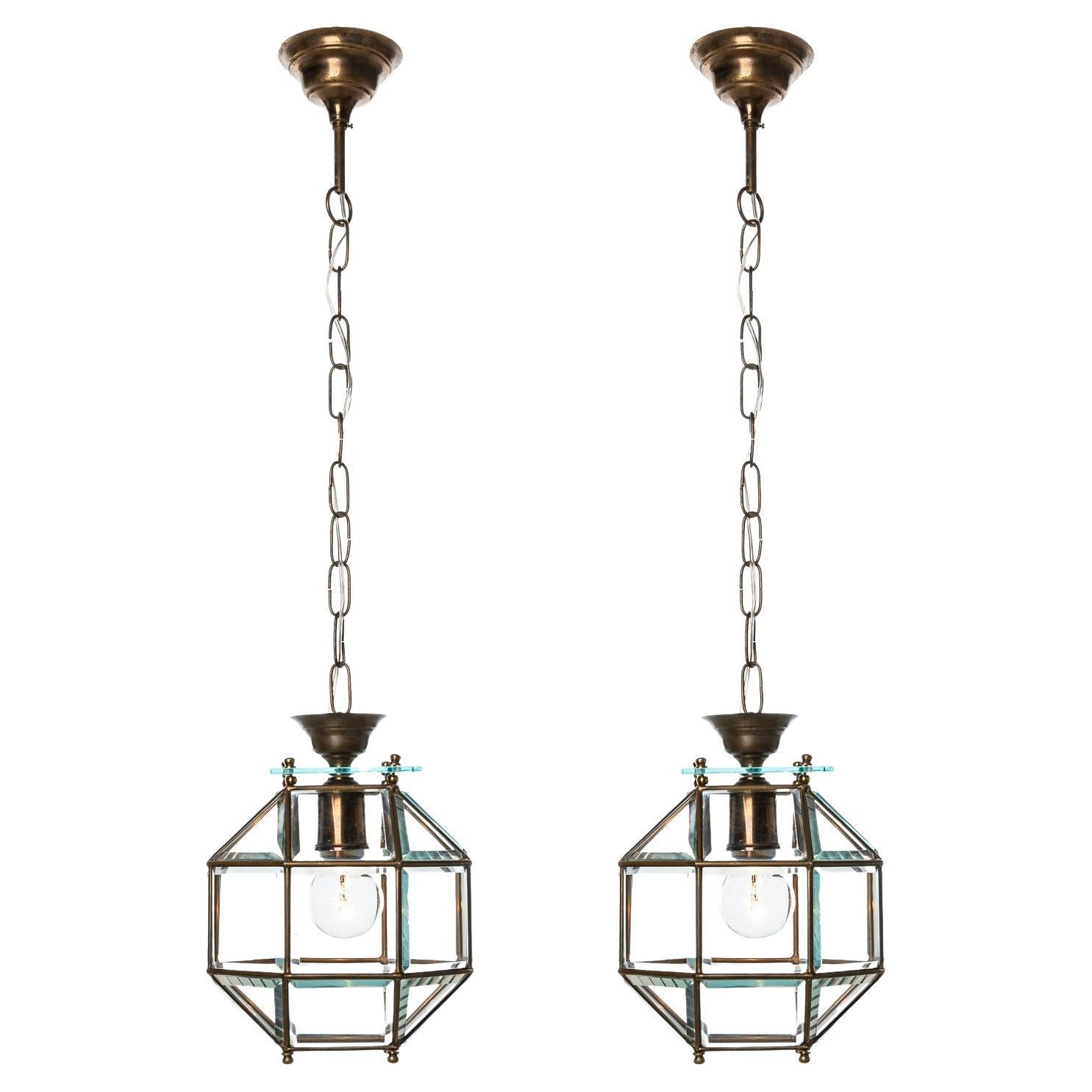 1950's, Glass & Brass Lantern Attributed to Fontana Arte