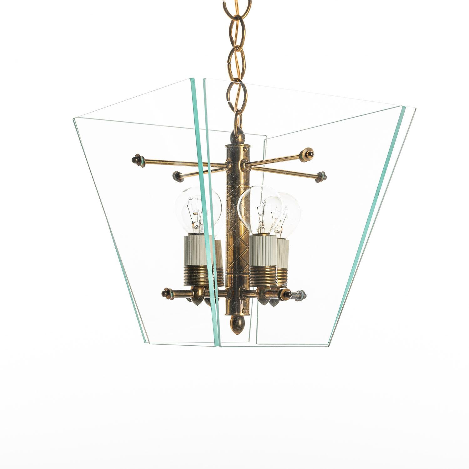1950's Glass & Brass Lantern in Style of Fontana Arte For Sale 7