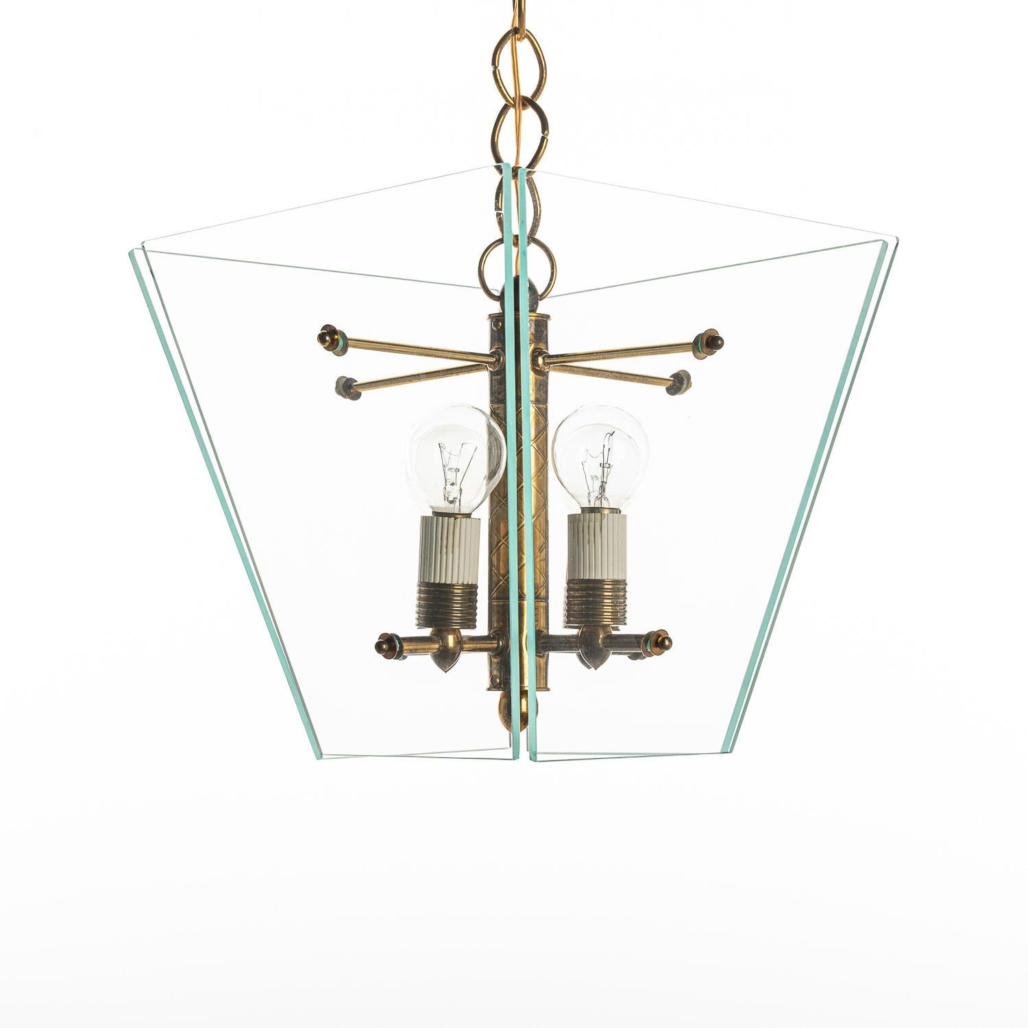 1950's Glass & Brass Lantern in Style of Fontana Arte For Sale 8