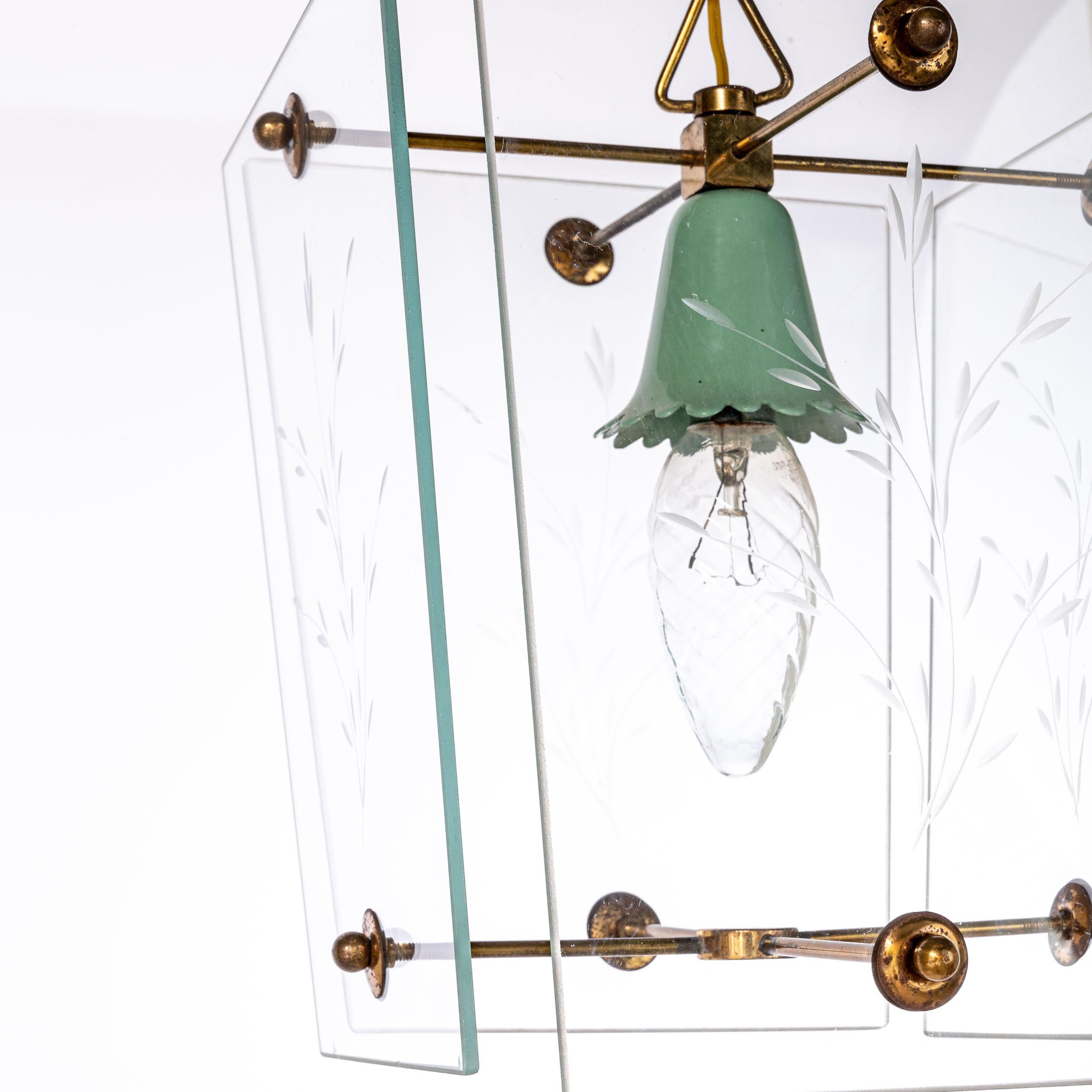 20th Century 1950's Glass & Brass Lantern in Style of Fontana Arte For Sale