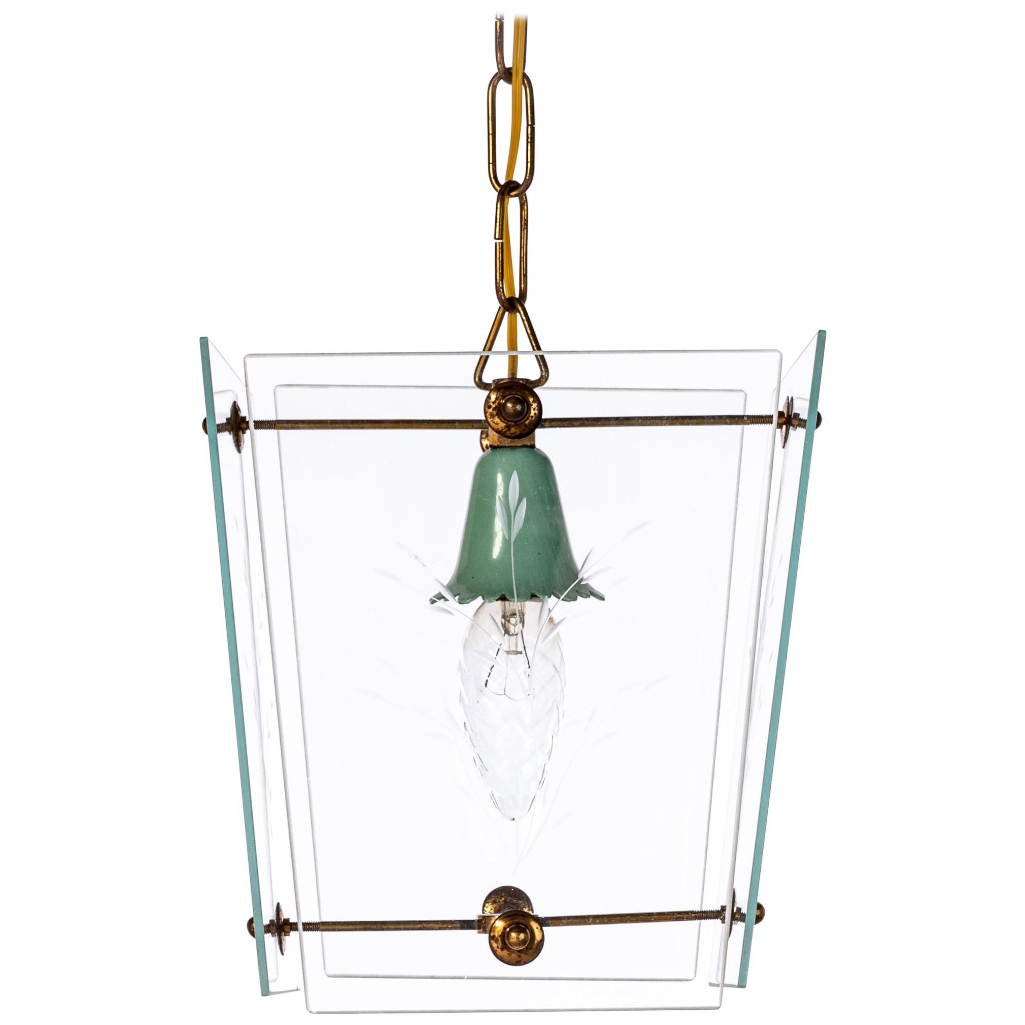 1950's Glass & Brass Lantern in Style of Fontana Arte For Sale