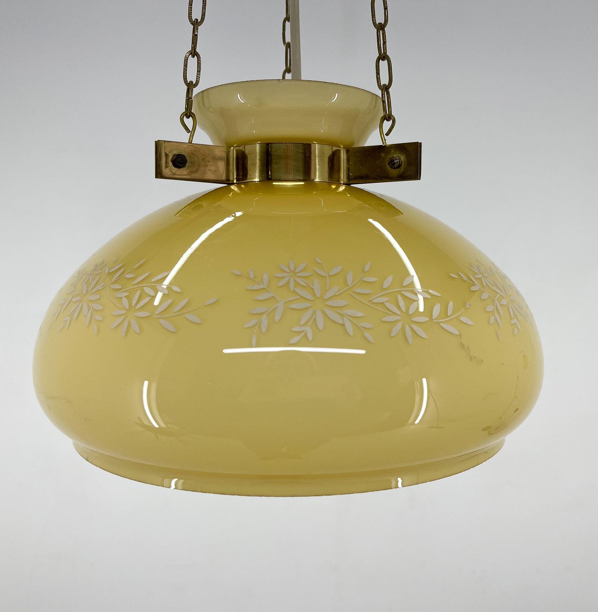 Czech 1950's Glass & Brass Pendant Light For Sale