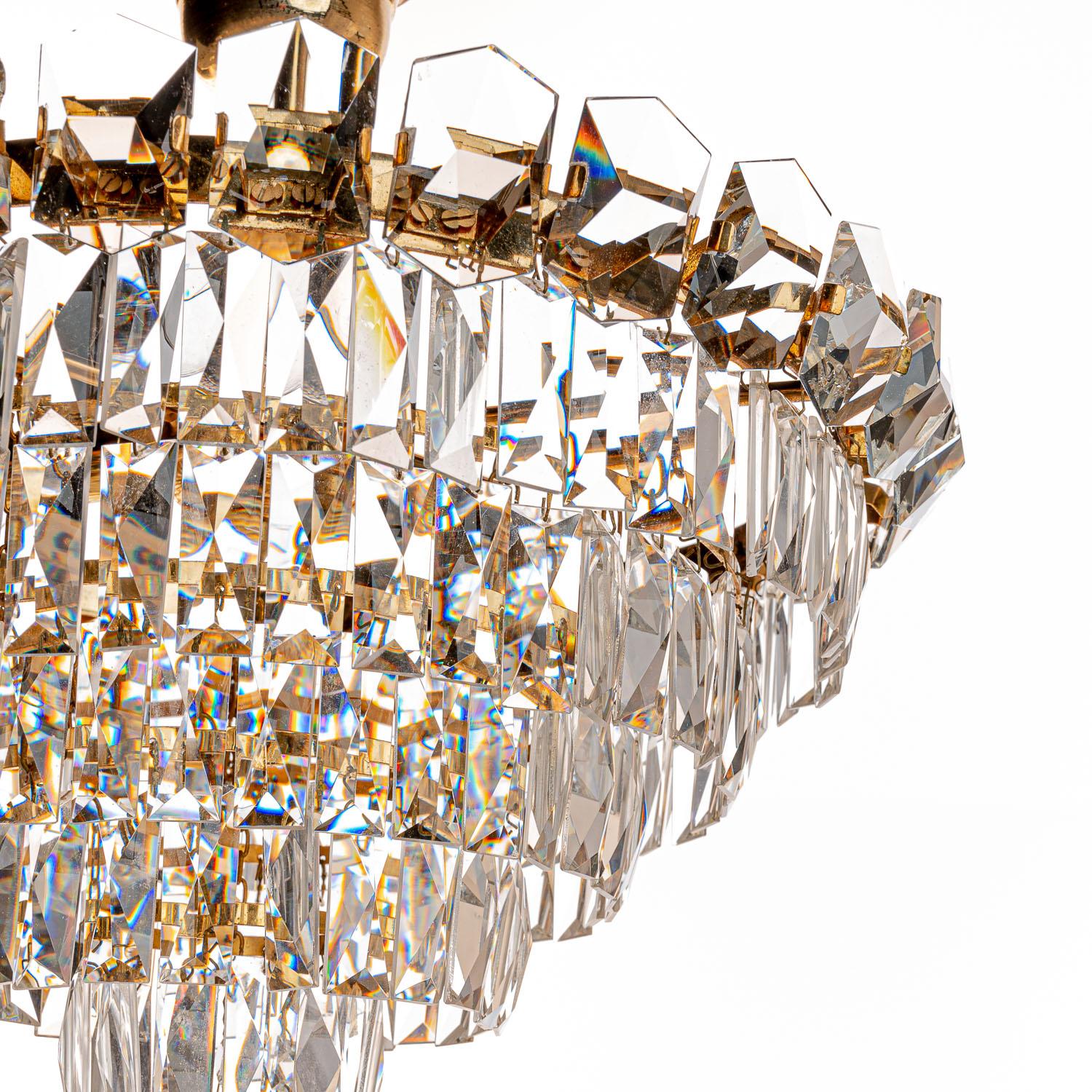 20th Century 1950's Glass & Brass Plated Steel Chandelier Attributed to Palwa For Sale