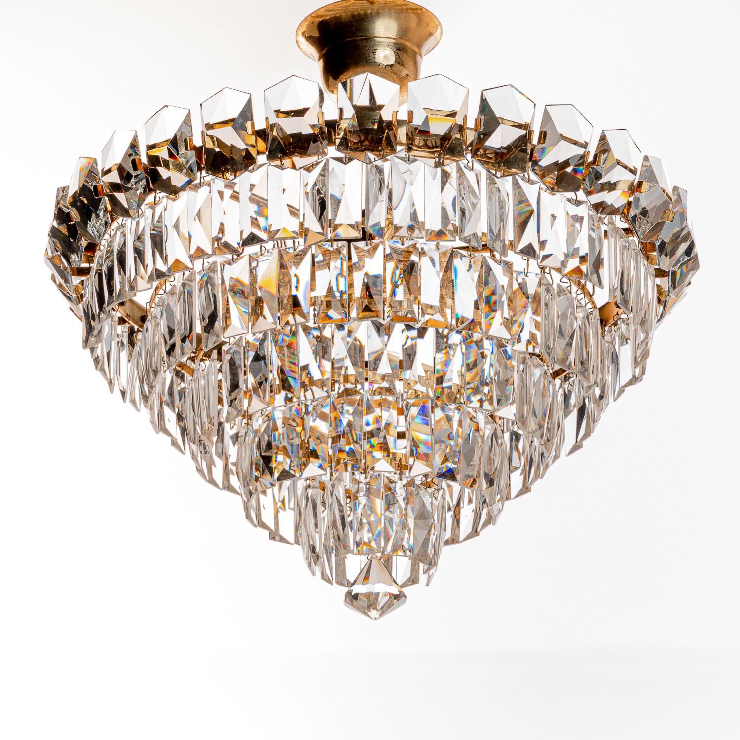 1950's Glass & Brass Plated Steel Chandelier Attributed to Palwa For Sale 3