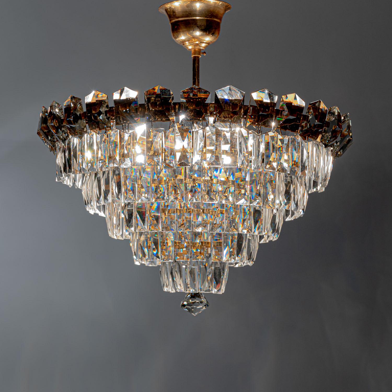 1950's Glass & Brass Plated Steel Chandelier Attributed to Palwa For Sale 4