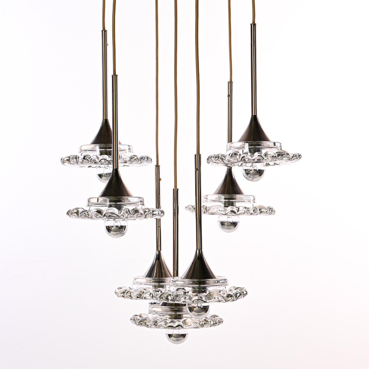 Mid-Century Modern 1950s Glass and Chrome 7 Flower Chandelier For Sale