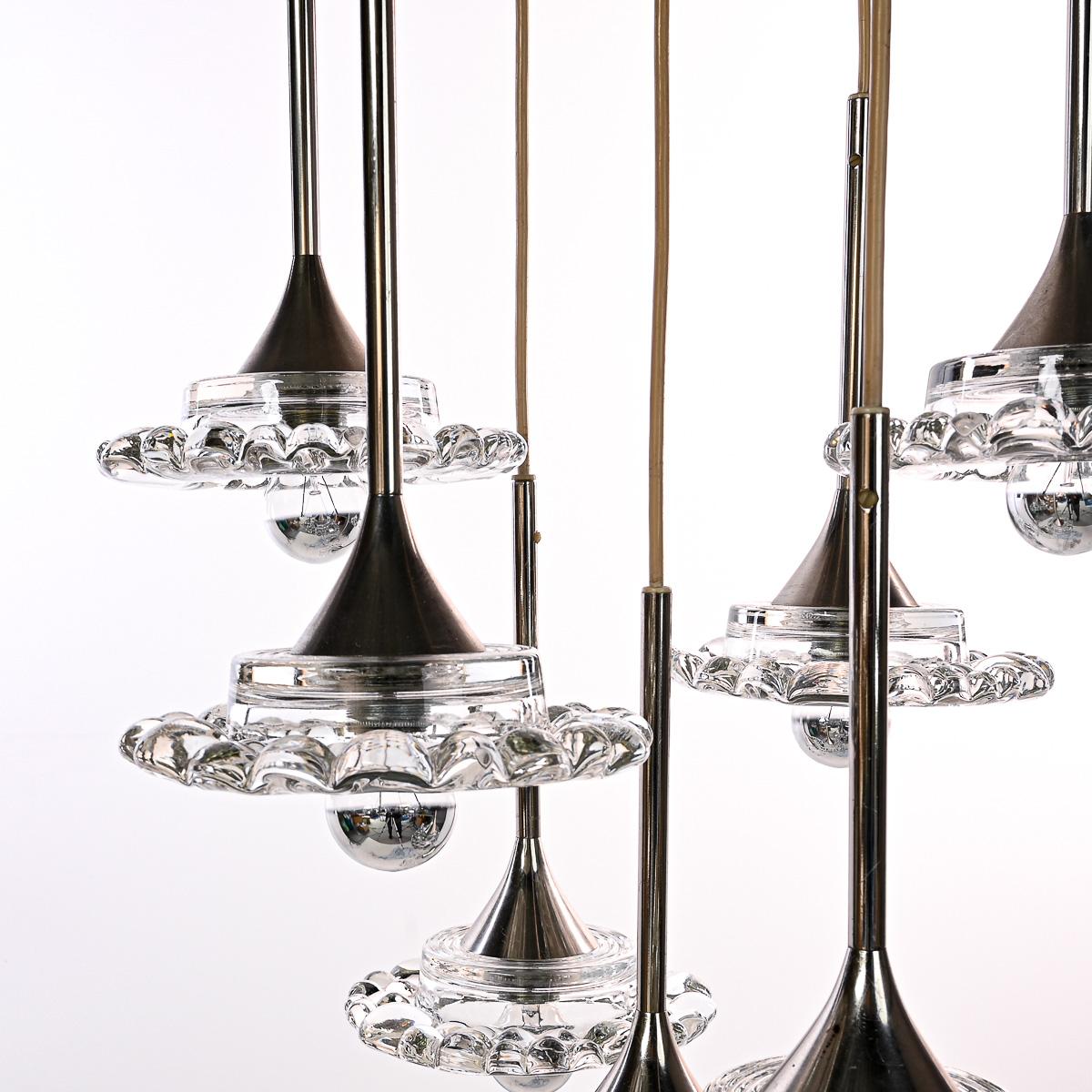 1950s Glass and Chrome 7 Flower Chandelier In Good Condition For Sale In Schoorl, NL