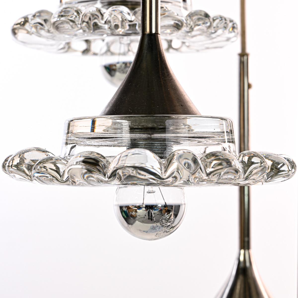 20th Century 1950s Glass and Chrome 7 Flower Chandelier For Sale