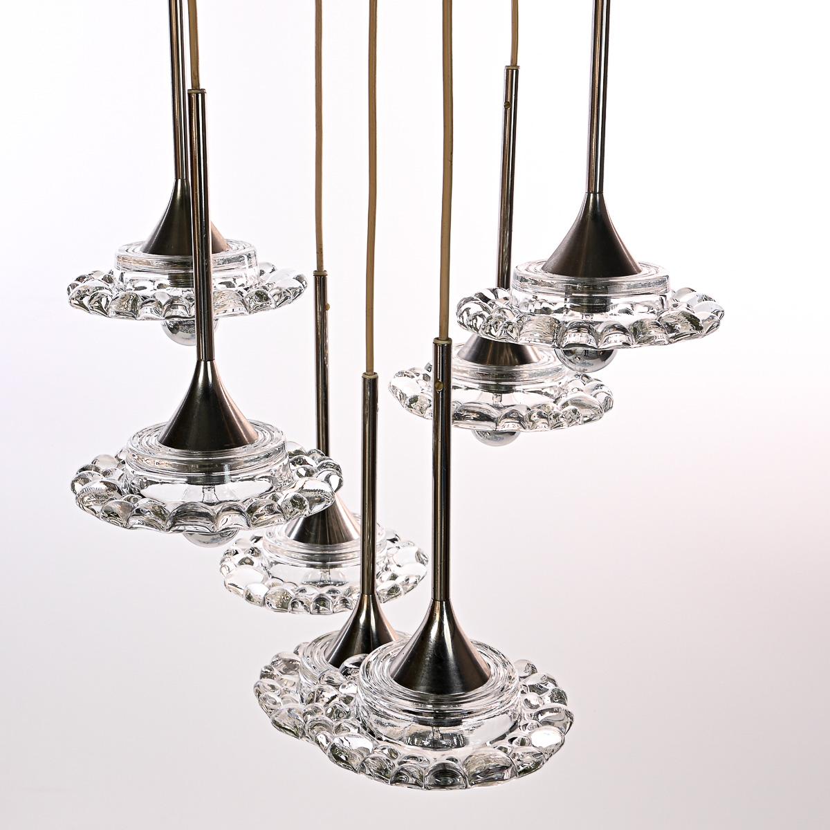 1950s Glass and Chrome 7 Flower Chandelier For Sale 2