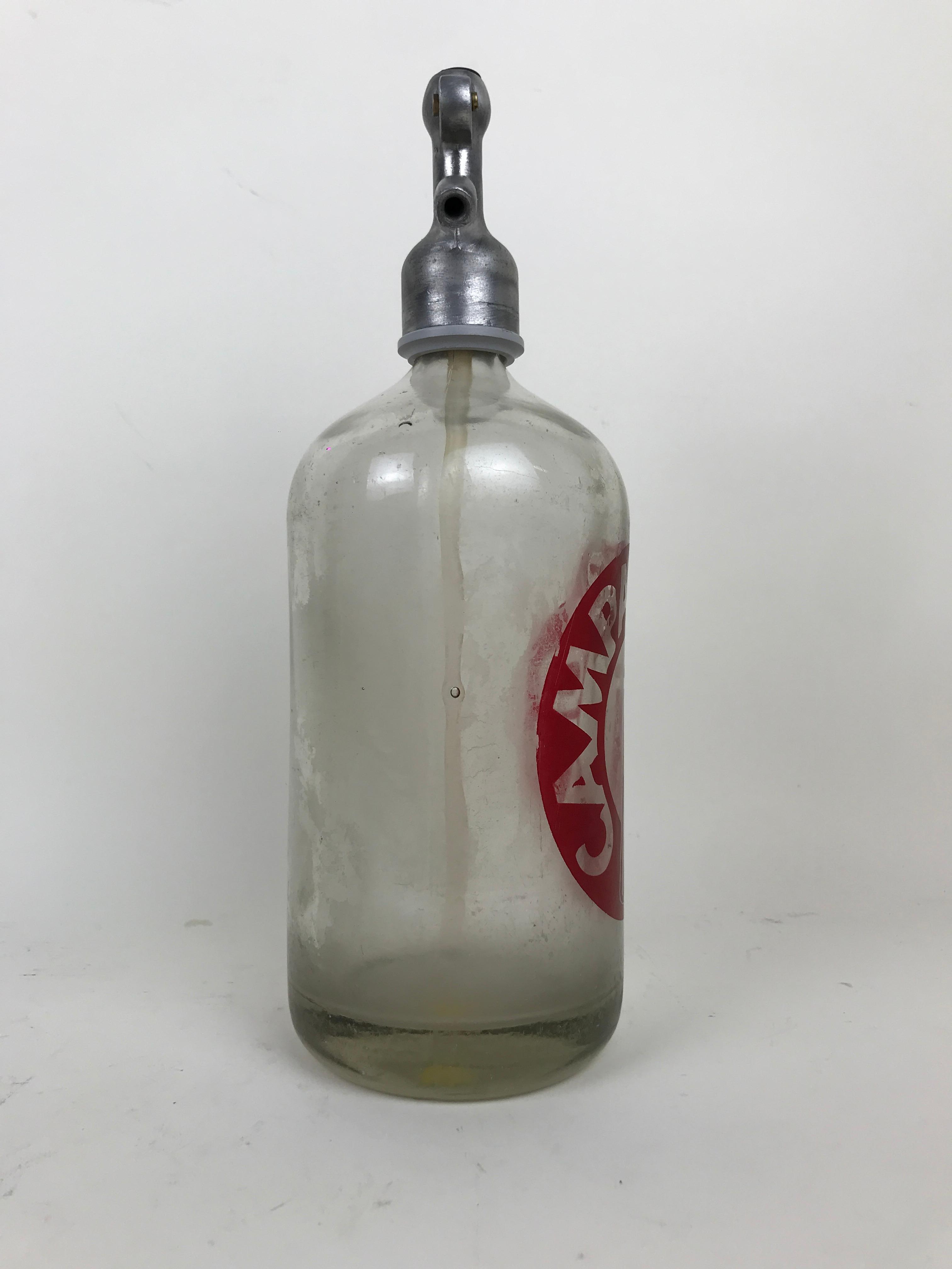 Mid-Century Modern 1950s Glass Italian Soda Syphon Seltzer Large Logo Campari Soda Bar Bottle For Sale