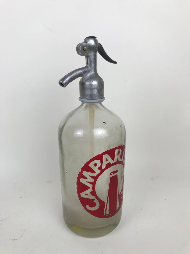 Metal 1950s Glass Italian Soda Syphon Seltzer Large Logo Campari Soda Bar Bottle For Sale