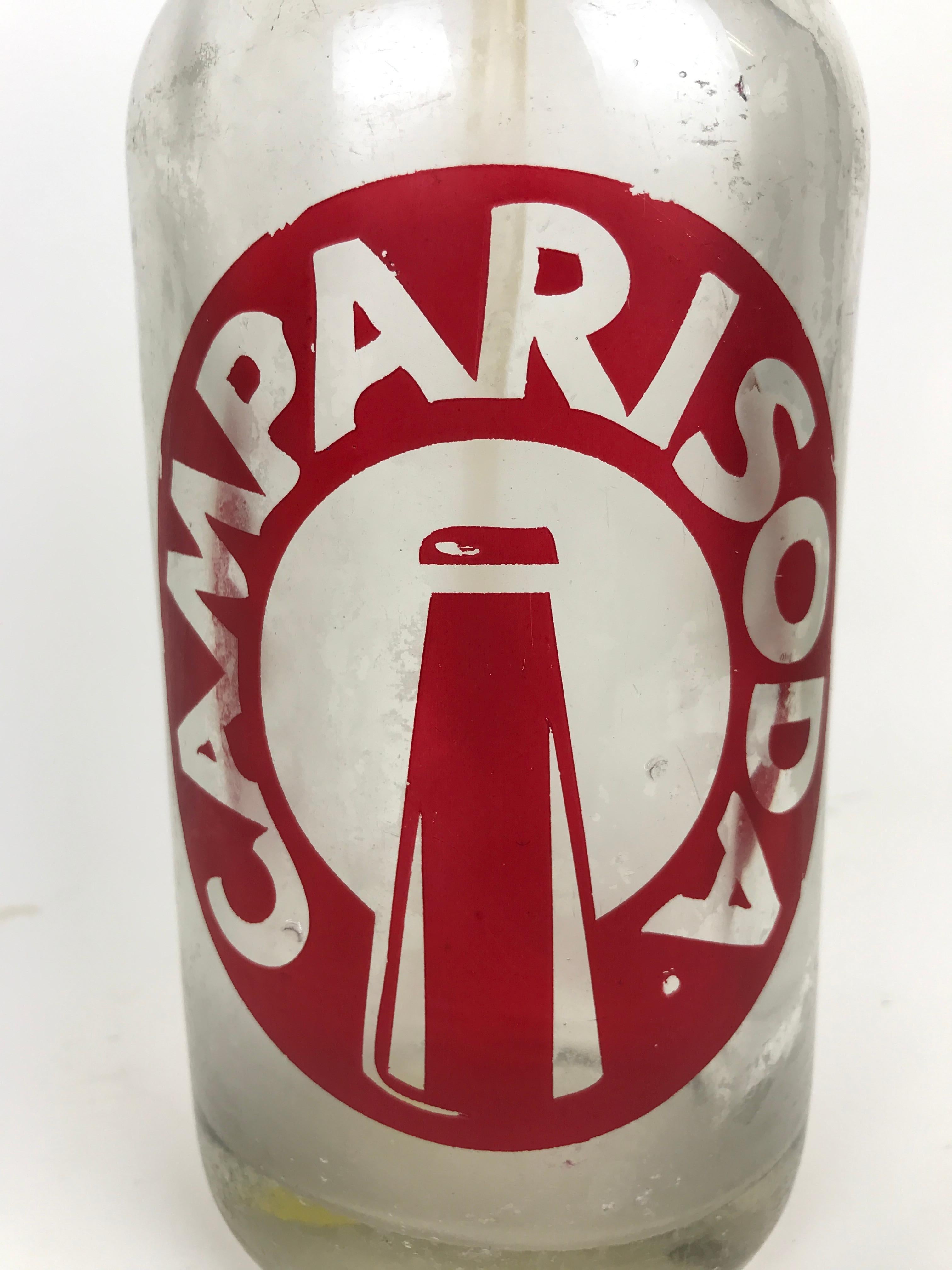 Metal 1950s Glass Italian Soda Syphon Seltzer Large Logo Campari Soda Bar Bottle For Sale