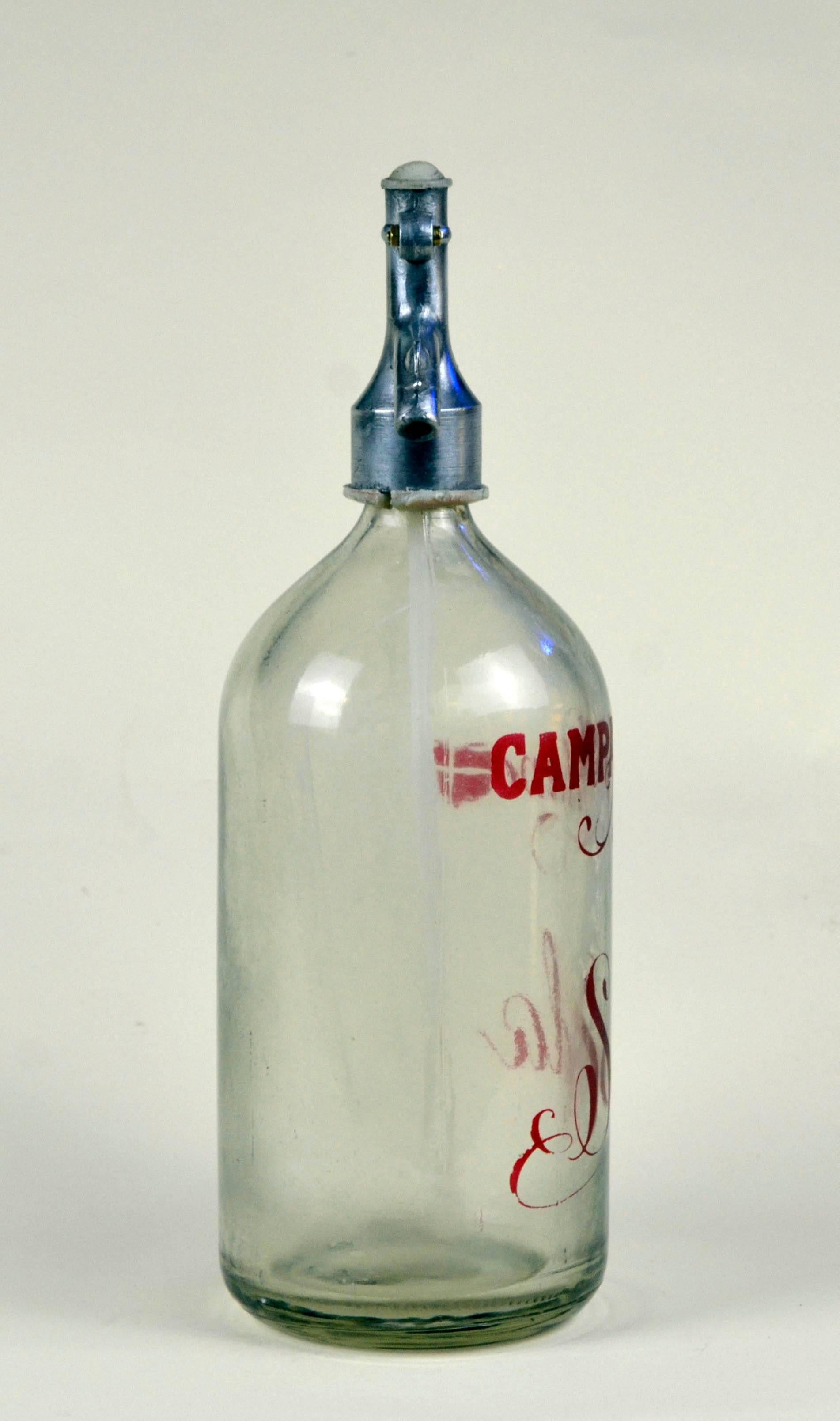 Mid-Century Modern 1950s Glass Italian Soda Syphon Seltzer Logo Campari Milano Soda Bar Bottle