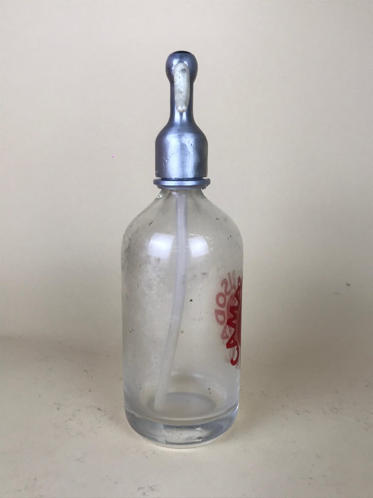 Metal 1950s Glass Italian Soda Syphon Seltzer Logo Campari Soda 1/2 Liter Bar Bottle For Sale
