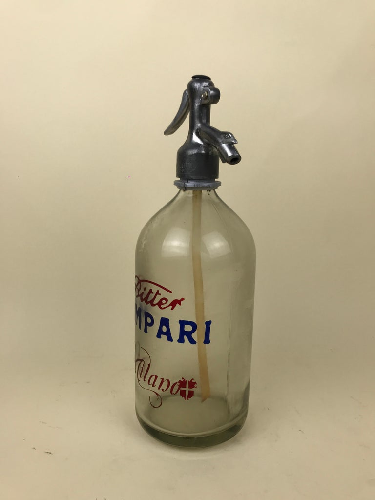Mid-Century Modern 1950s Glass Italian Vintage Soda Syphon Seltzer Bitter Campari Milano Bar Bottle For Sale