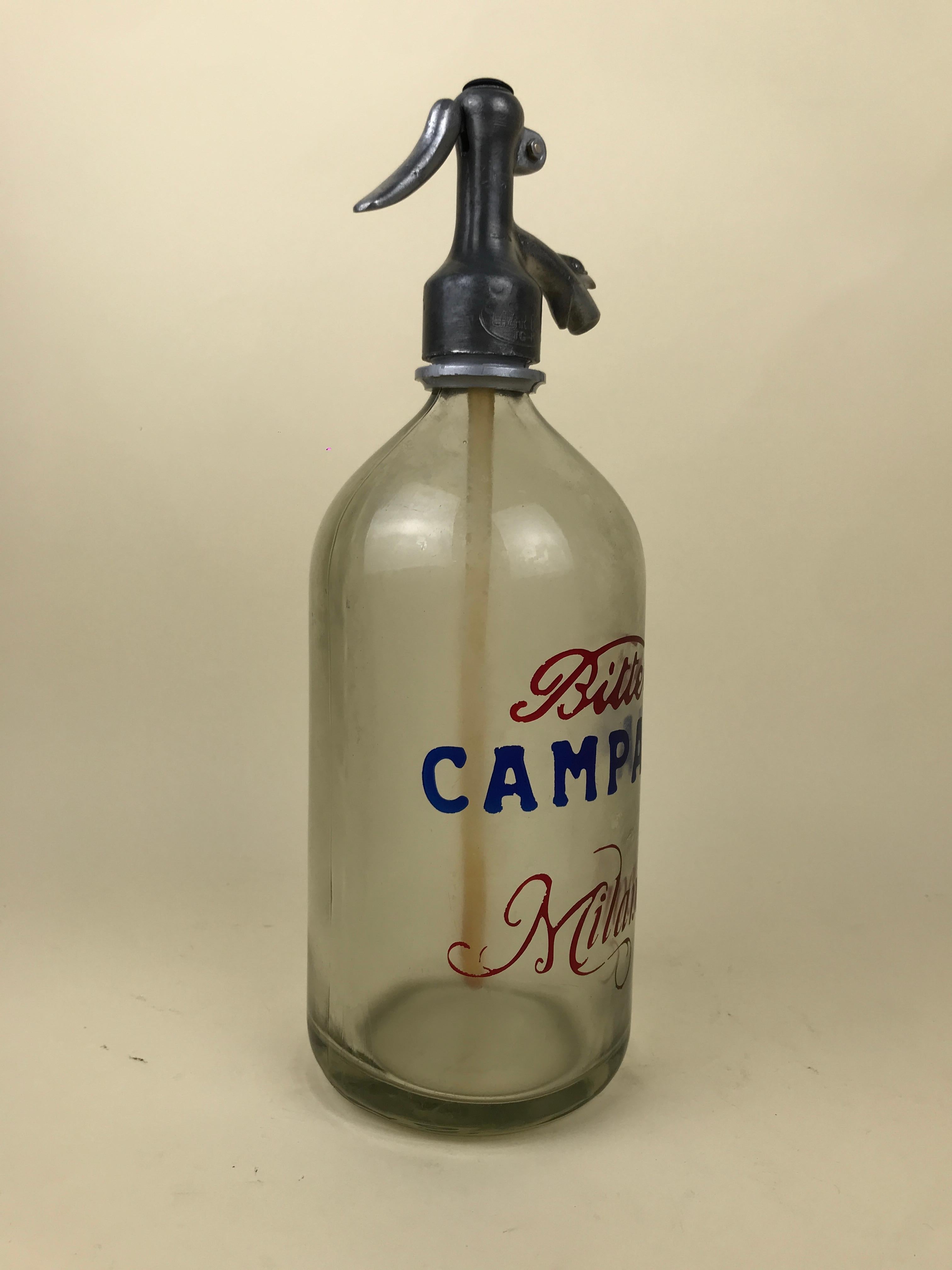 Mid-Century Modern 1950s Glass Italian Vintage Soda Syphon Seltzer Bitter Campari Milano Bar Bottle For Sale