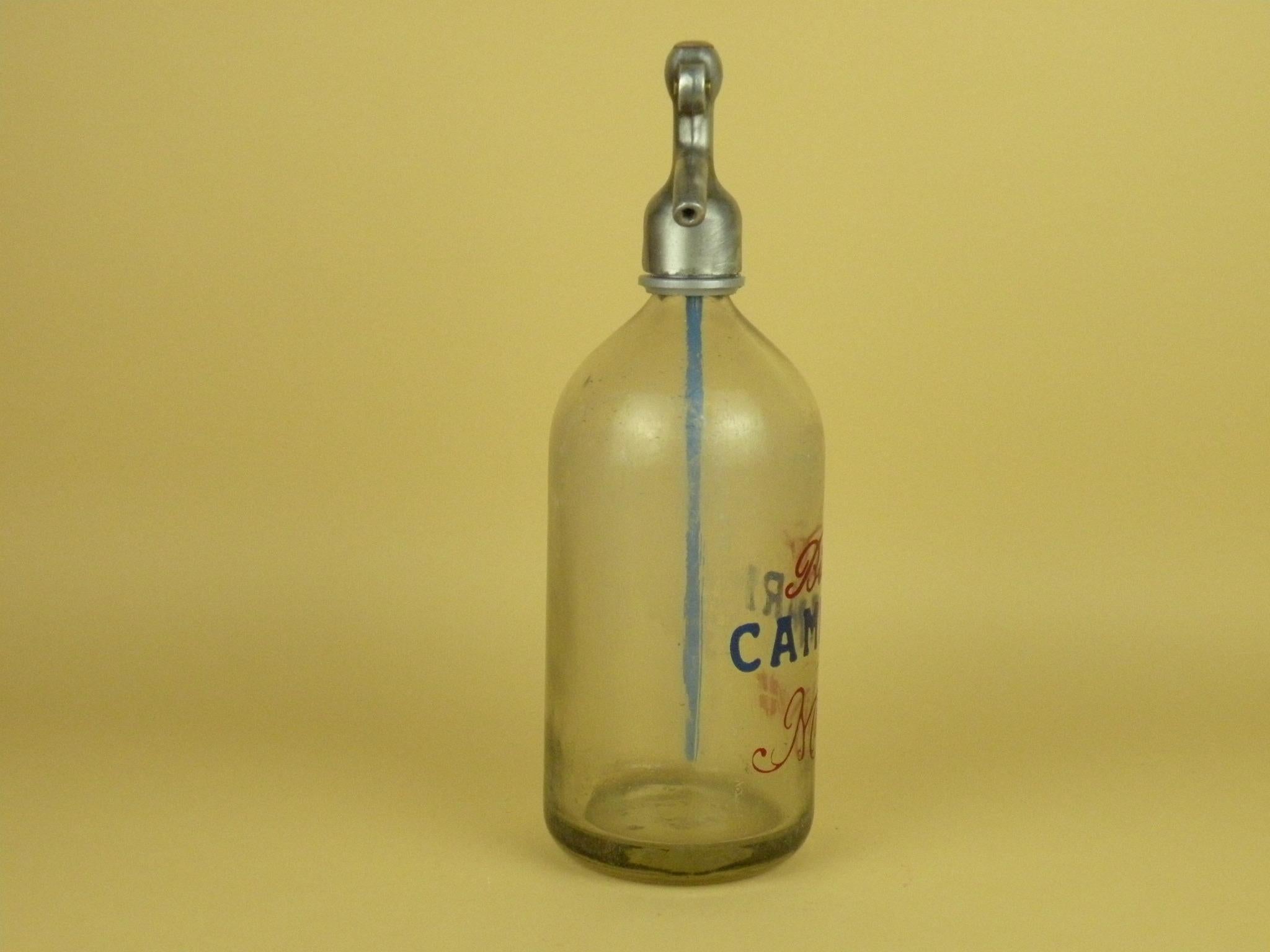 Metal 1950s Glass Italian Vintage Soda Syphon Seltzer Bitter Campari Milano Bar Bottle For Sale