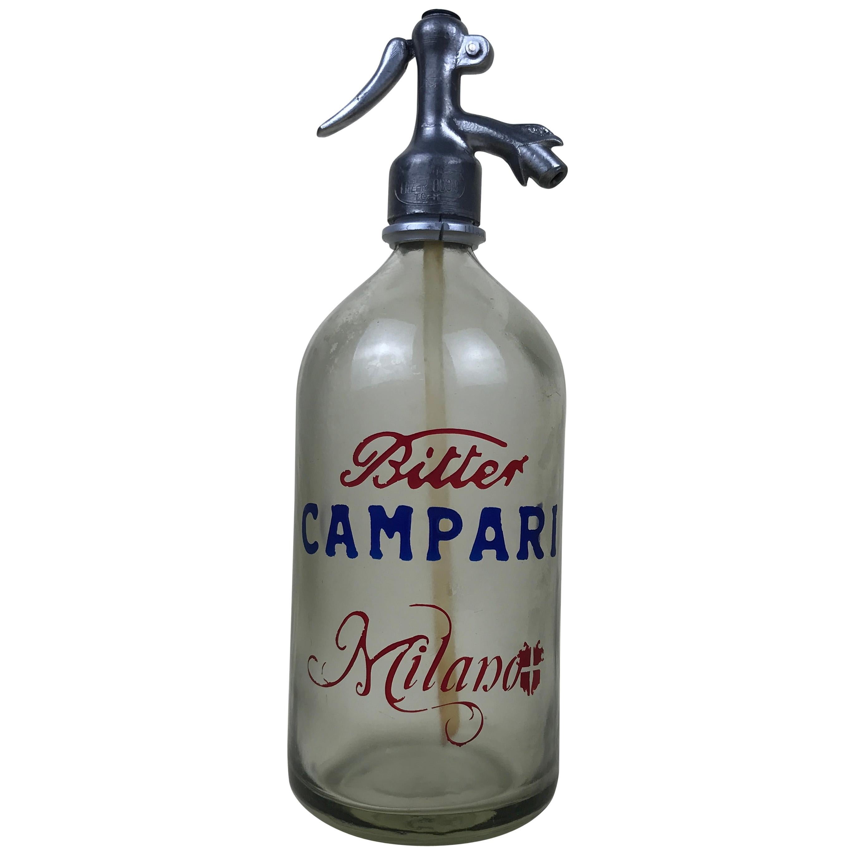 1950s Glass Italian Vintage Soda Syphon Seltzer Bitter Campari Milano Bar Bottle For Sale