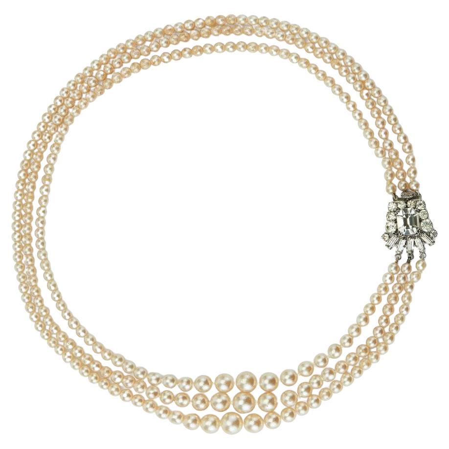1950s Glass Pearl Triple Strand Necklace with Rhinestone Clasp