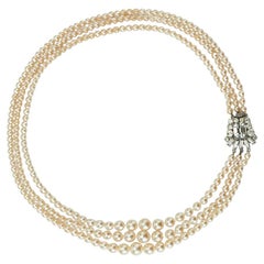 1950s Glass Pearl Triple Strand Necklace with Rhinestone Clasp