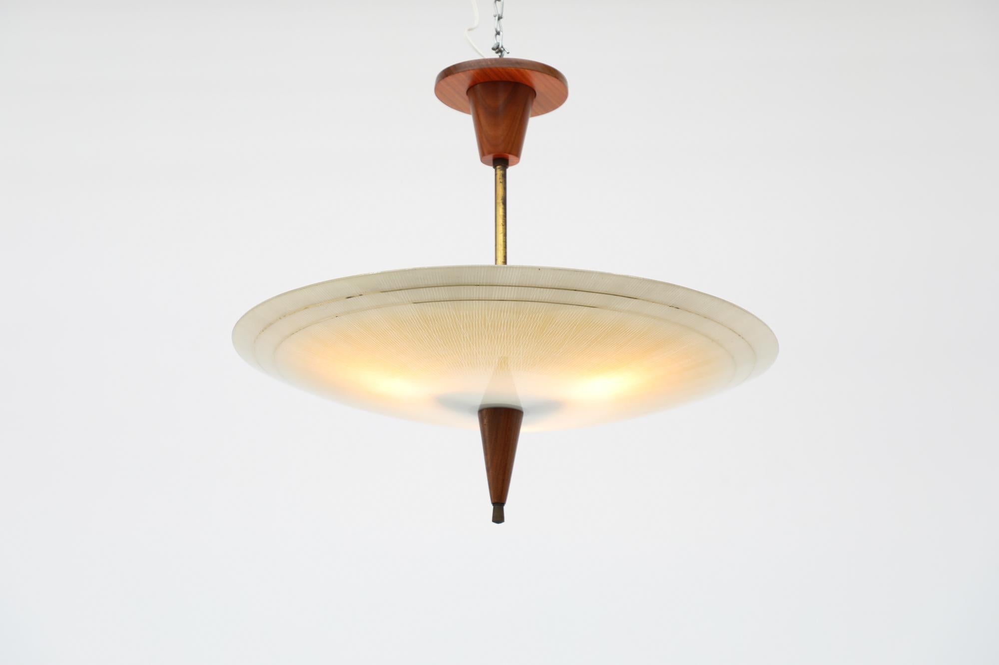 Mid-Century Modern 1950s Glass Rondelle Ceiling Pendant with Patterned Glass, Teak & Brass Details For Sale