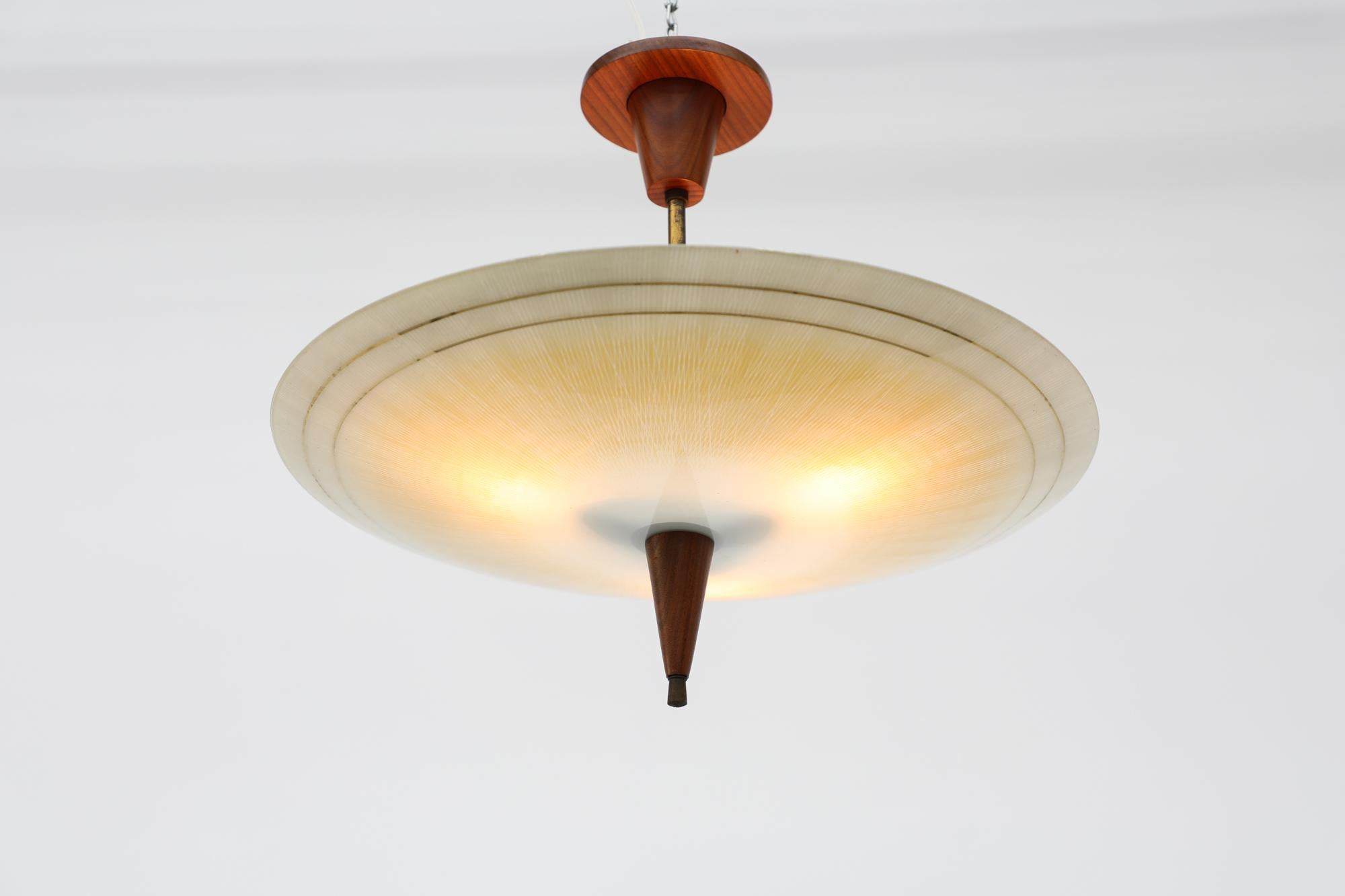 1950s Glass Rondelle Ceiling Pendant with Patterned Glass, Teak & Brass Details In Good Condition In Los Angeles, CA