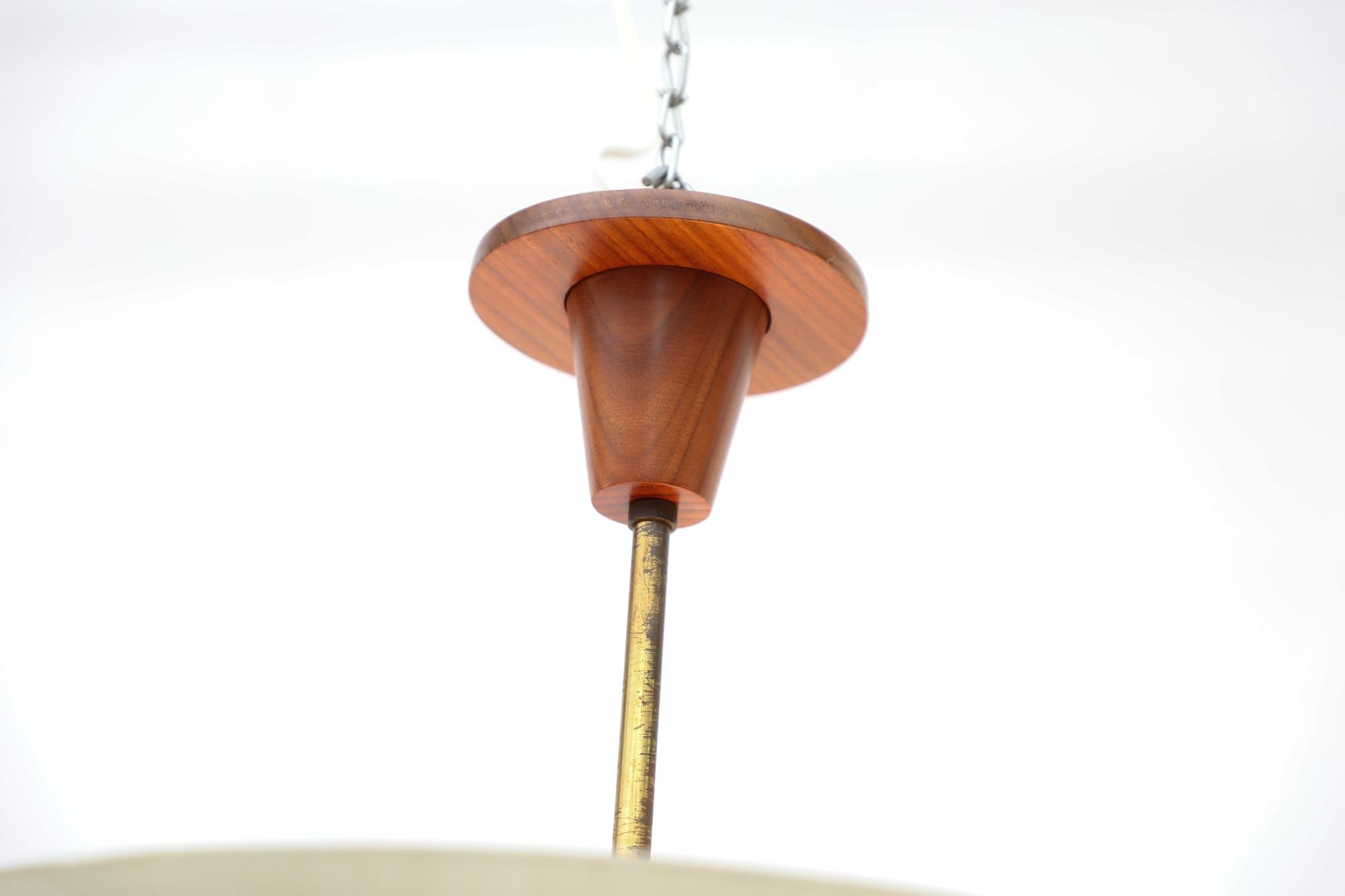1950s Glass Rondelle Ceiling Pendant with Patterned Glass, Teak & Brass Details 1