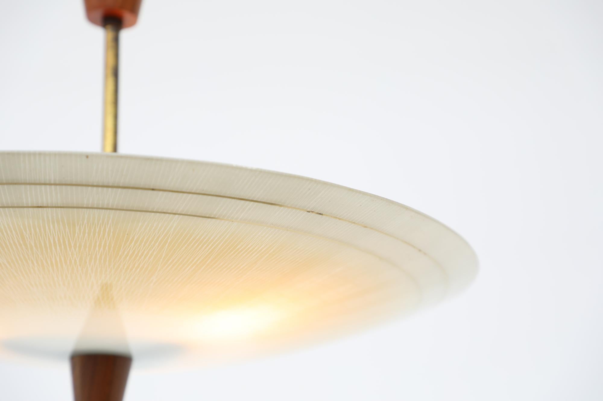 1950s Glass Rondelle Ceiling Pendant with Patterned Glass, Teak & Brass Details For Sale 2