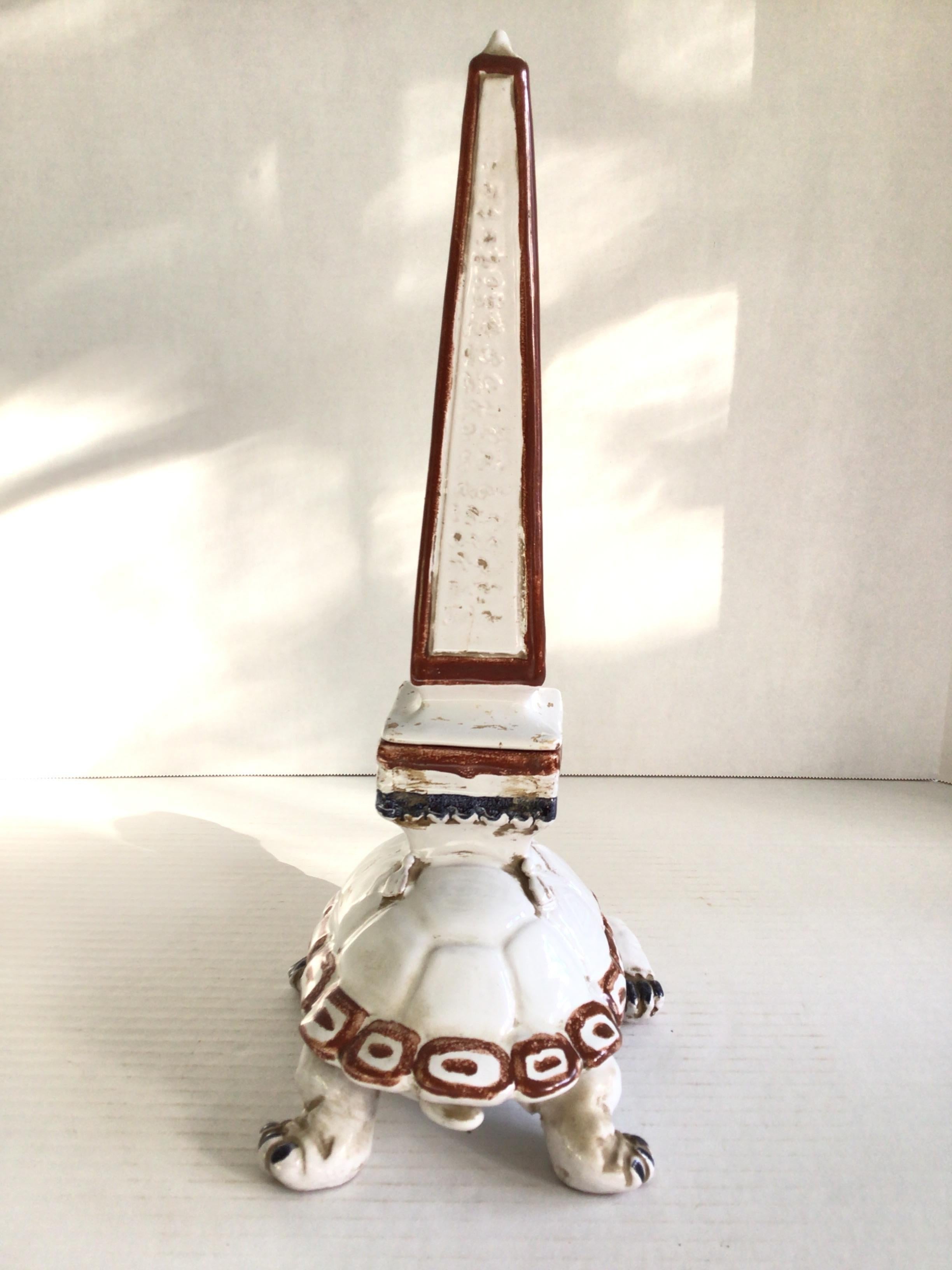 Italian 1950s Glazed Ceramic Obelisk with Turtle Base For Sale