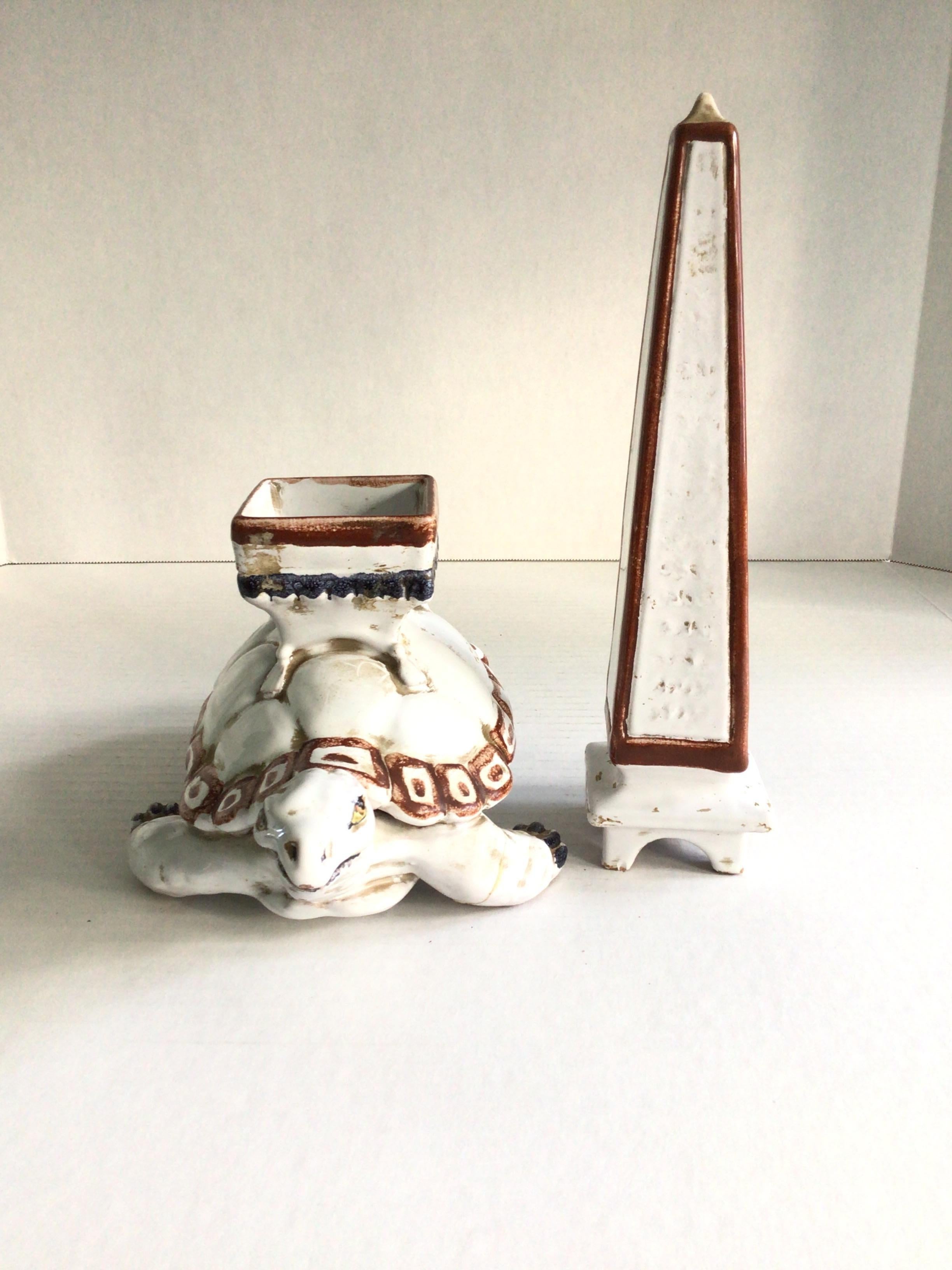 1950s Glazed Ceramic Obelisk with Turtle Base For Sale 2