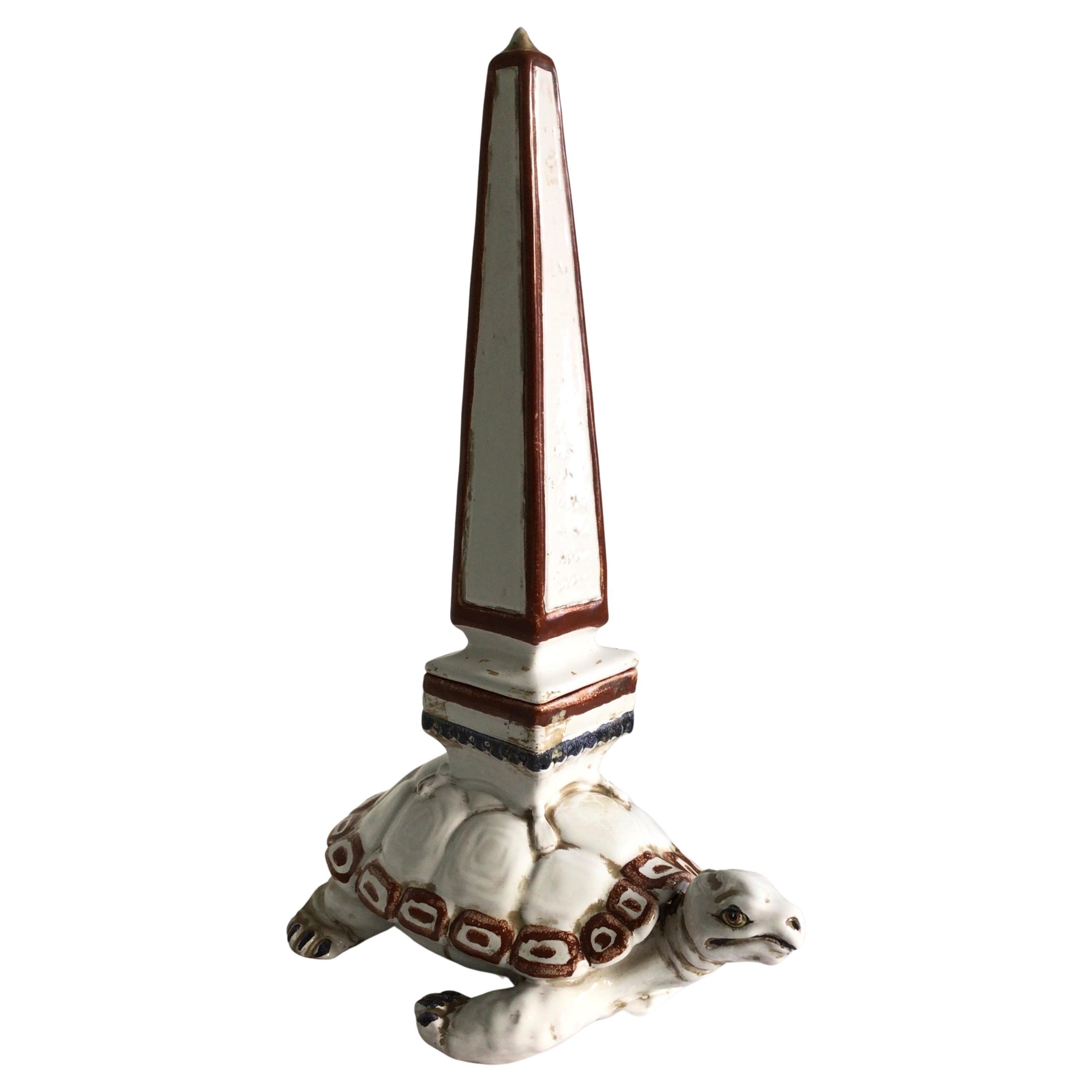 1950s Glazed Ceramic Obelisk with Turtle Base For Sale