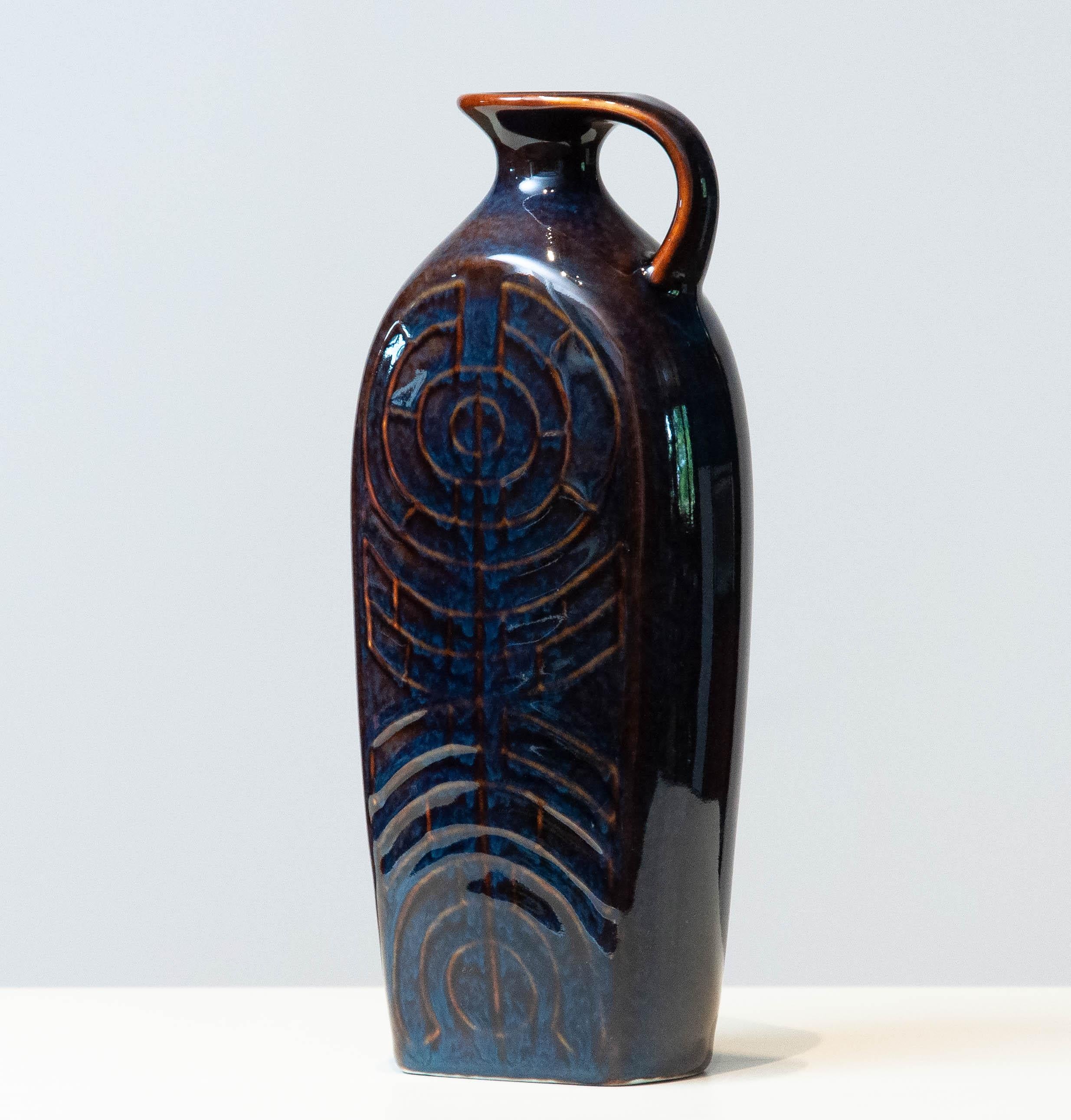 Brutalist 1950's Glazed Mid-Night Bleu And Brown Rörstrand Pitcher by Carl Harry Stalhane For Sale