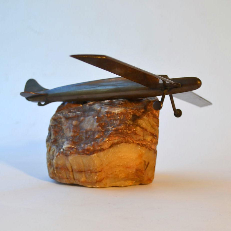 European Glider Plane Sculpture in Bronze on Onyx Rock For Sale