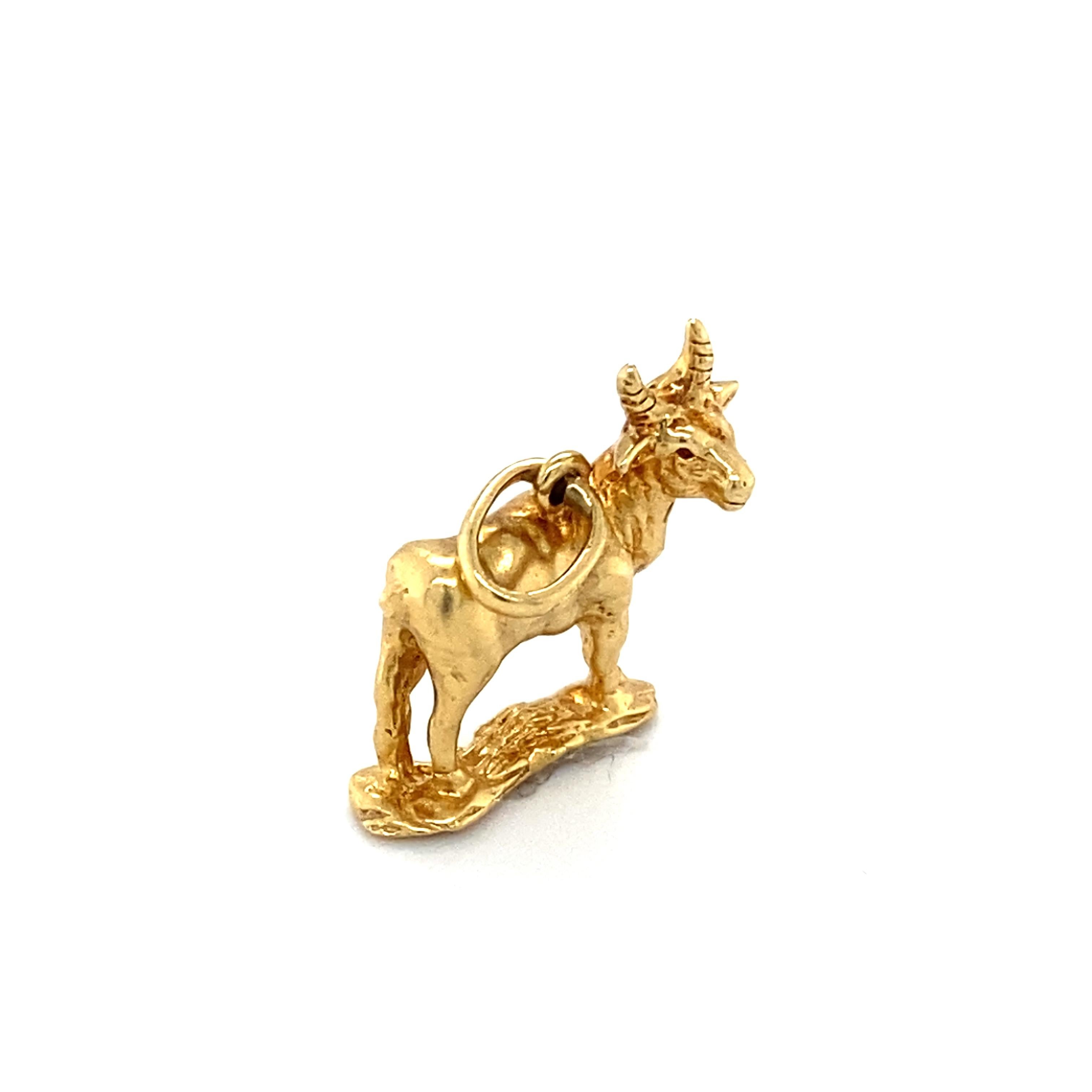 Item Details: 
Metal: 18 Karat Yellow Gold 
Weight: 4.2 grams 
Measurements: .75 inches long x .5 inches wide 

Item Features: 
This stunning 1950s retro goat charm is set in 14 karat gold. Capricorns, the goat symbol, are a sign of great health and