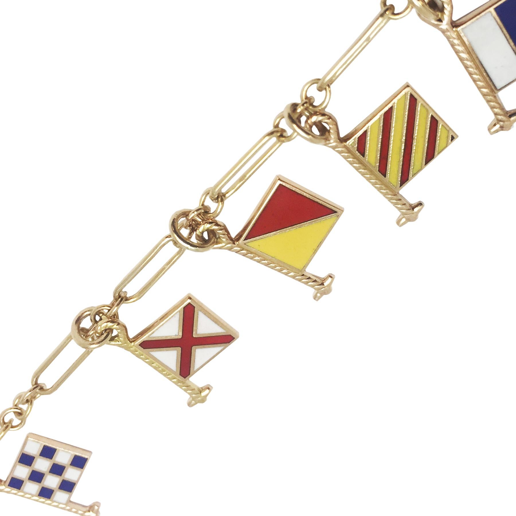 Circa 1950s 14K Yellow Gold and Enamel Nautical Flags Bracelet spelling 
