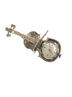 1950s Gold and Gem Set Violin Form Hidden Watch Brooch
