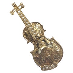 Vintage 1950s Gold and Gem Set Violin Form Hidden Watch Brooch
