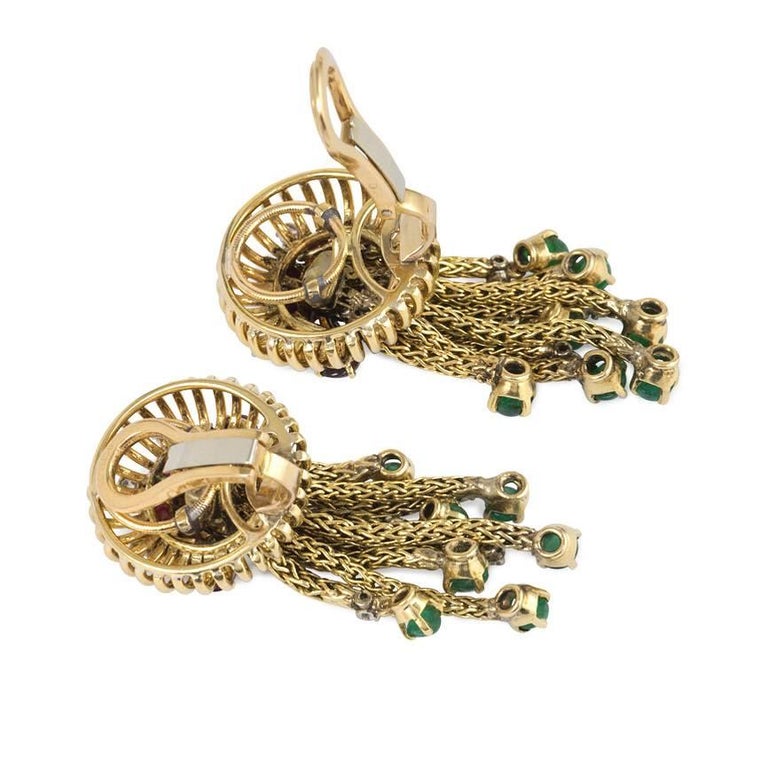 1950s Gold and MultiGemstone Earrings with Foxtail Chain Tassels For Sale at 1stDibs