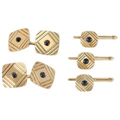 Vintage 1950s Gold and Sapphire Cufflinks and Shirt Studs Dress Set of Geometric Design