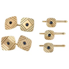 1950s Gold and Sapphire Cufflinks and Shirt Studs Dress Set of Geometric Design