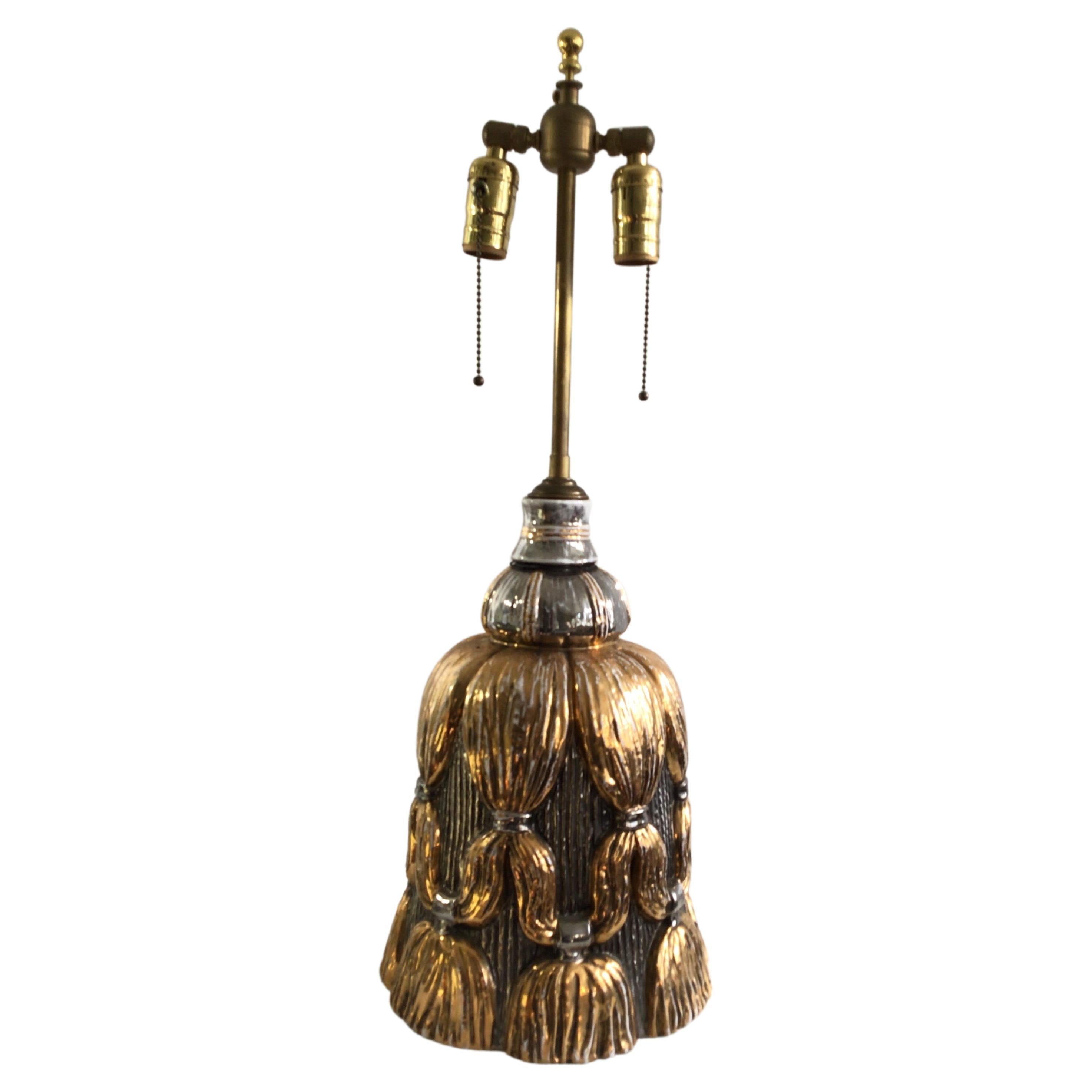 1950s Gold and Silver Painted Porcelain Tassel Table Lamp