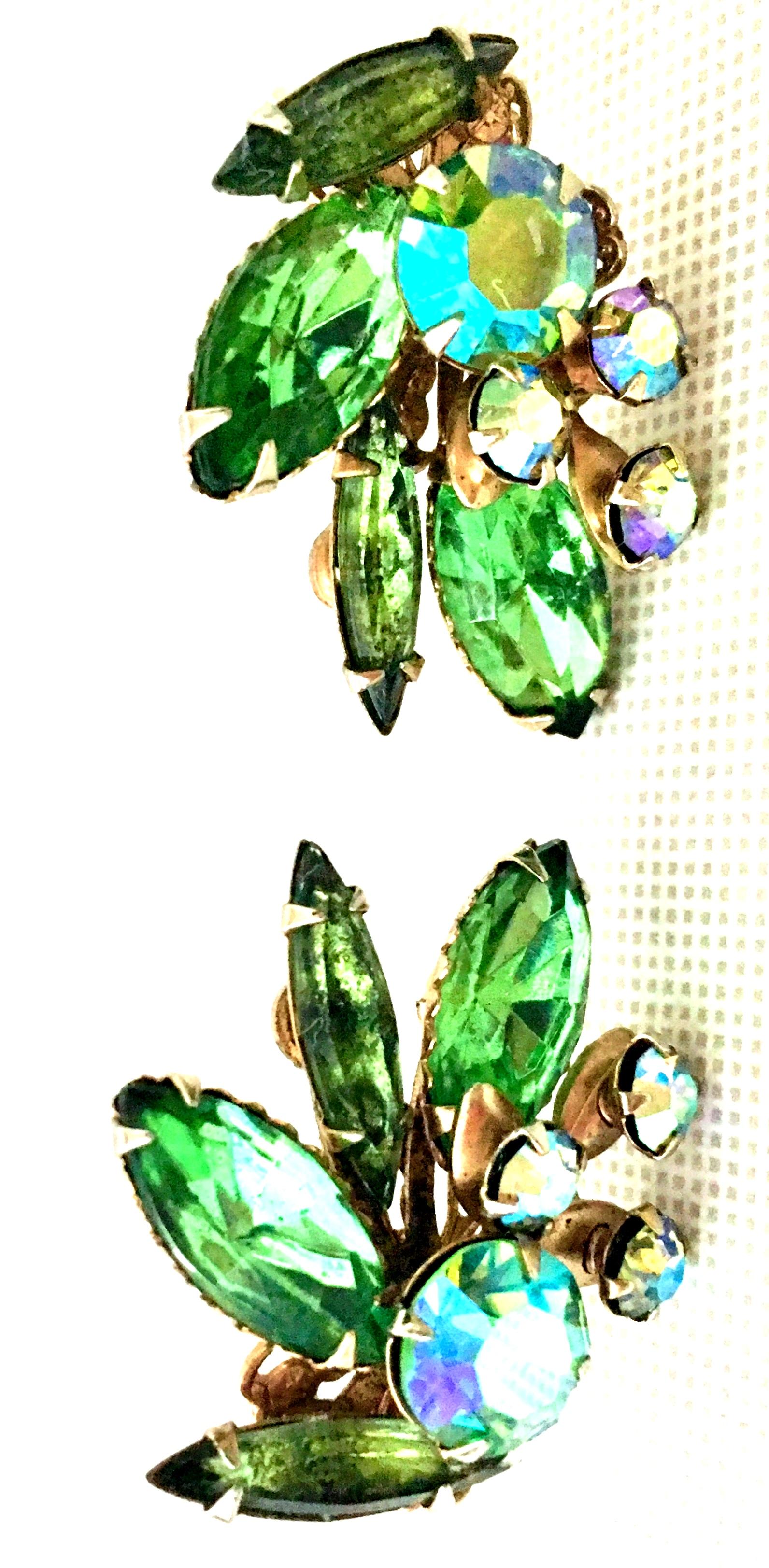 Women's or Men's 1950'S Gold & Austrian Crystal Abstract Floral Earrings For Sale