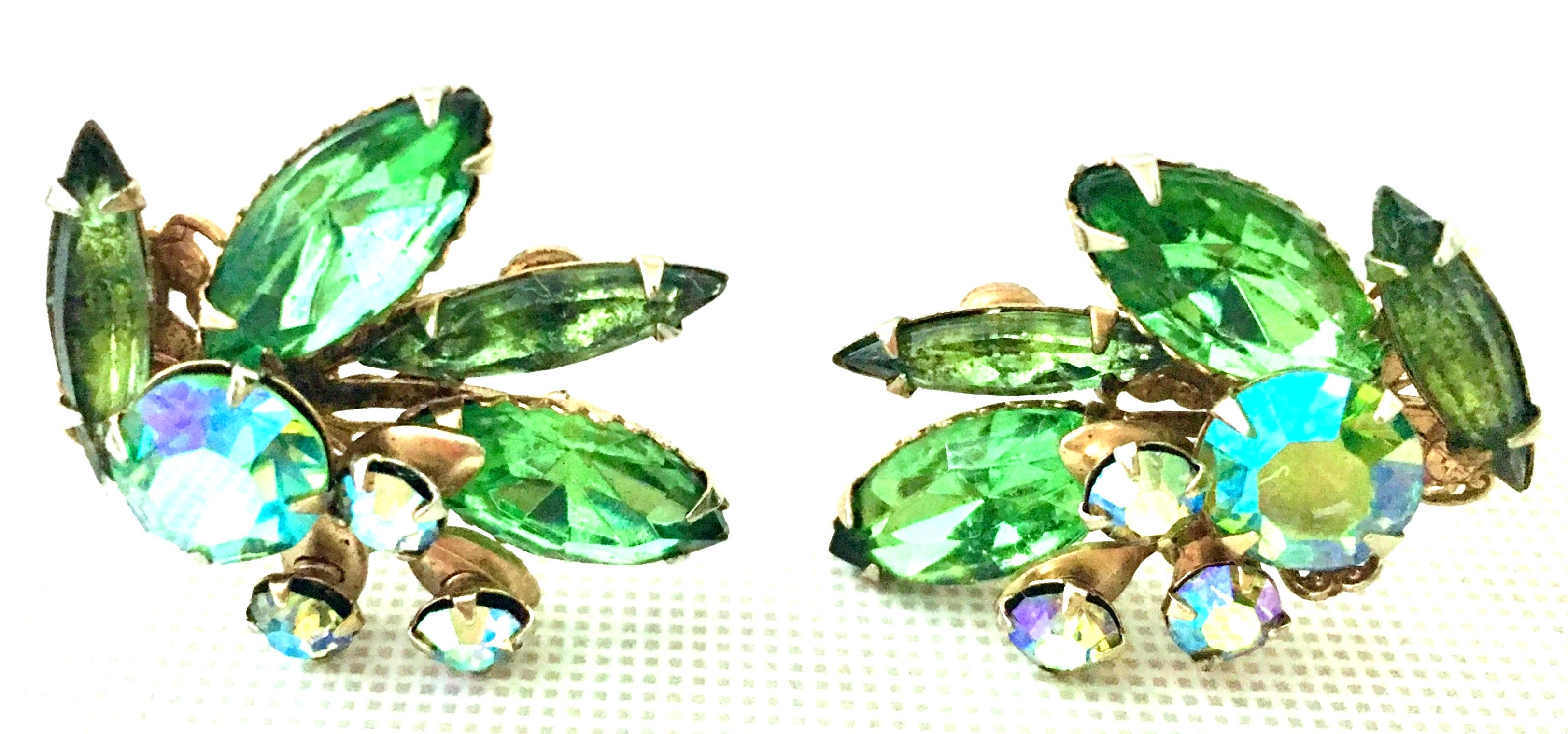1950'S Gold & Austrian Crystal Abstract Floral Earrings In Good Condition For Sale In West Palm Beach, FL