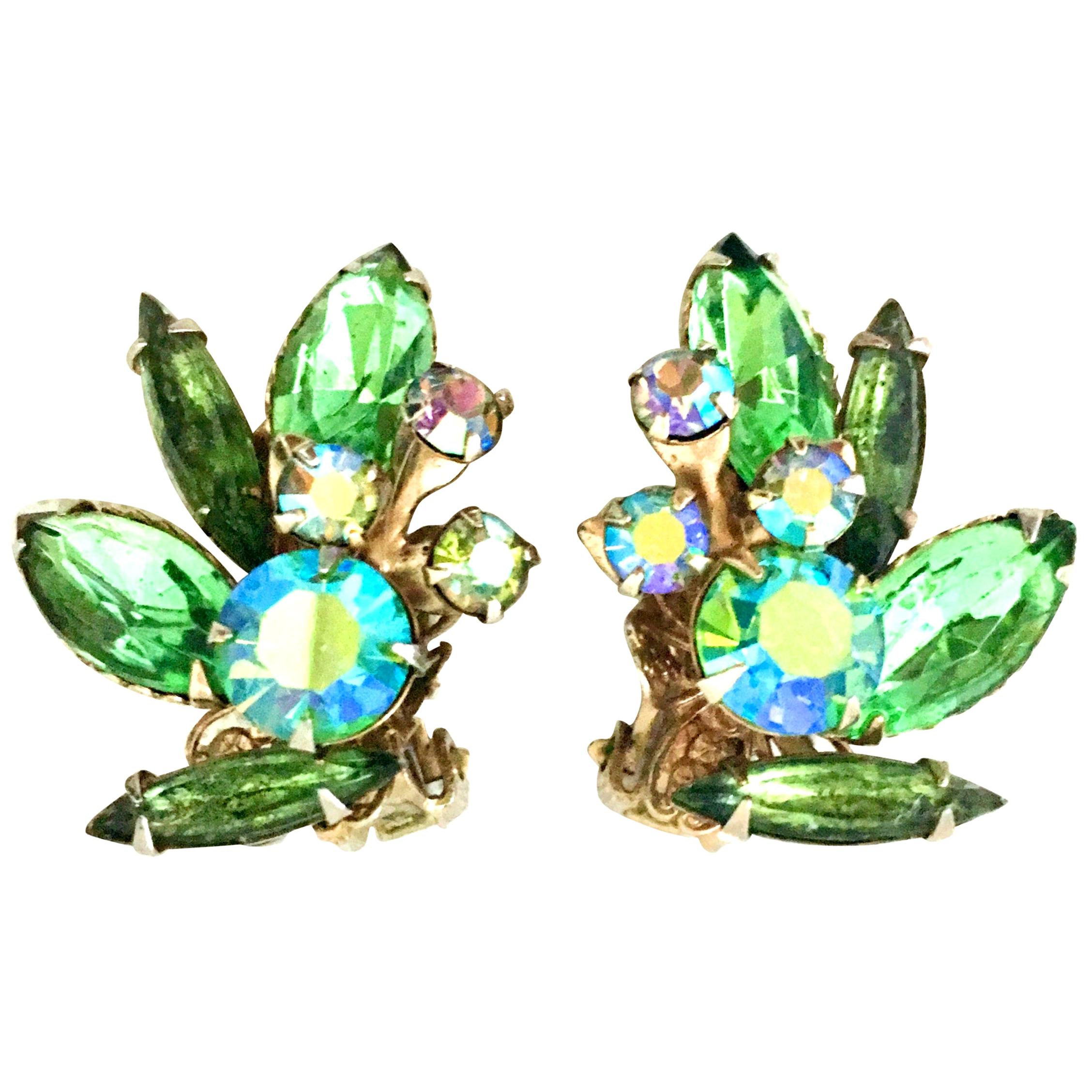 1950'S Gold & Austrian Crystal Abstract Floral Earrings For Sale